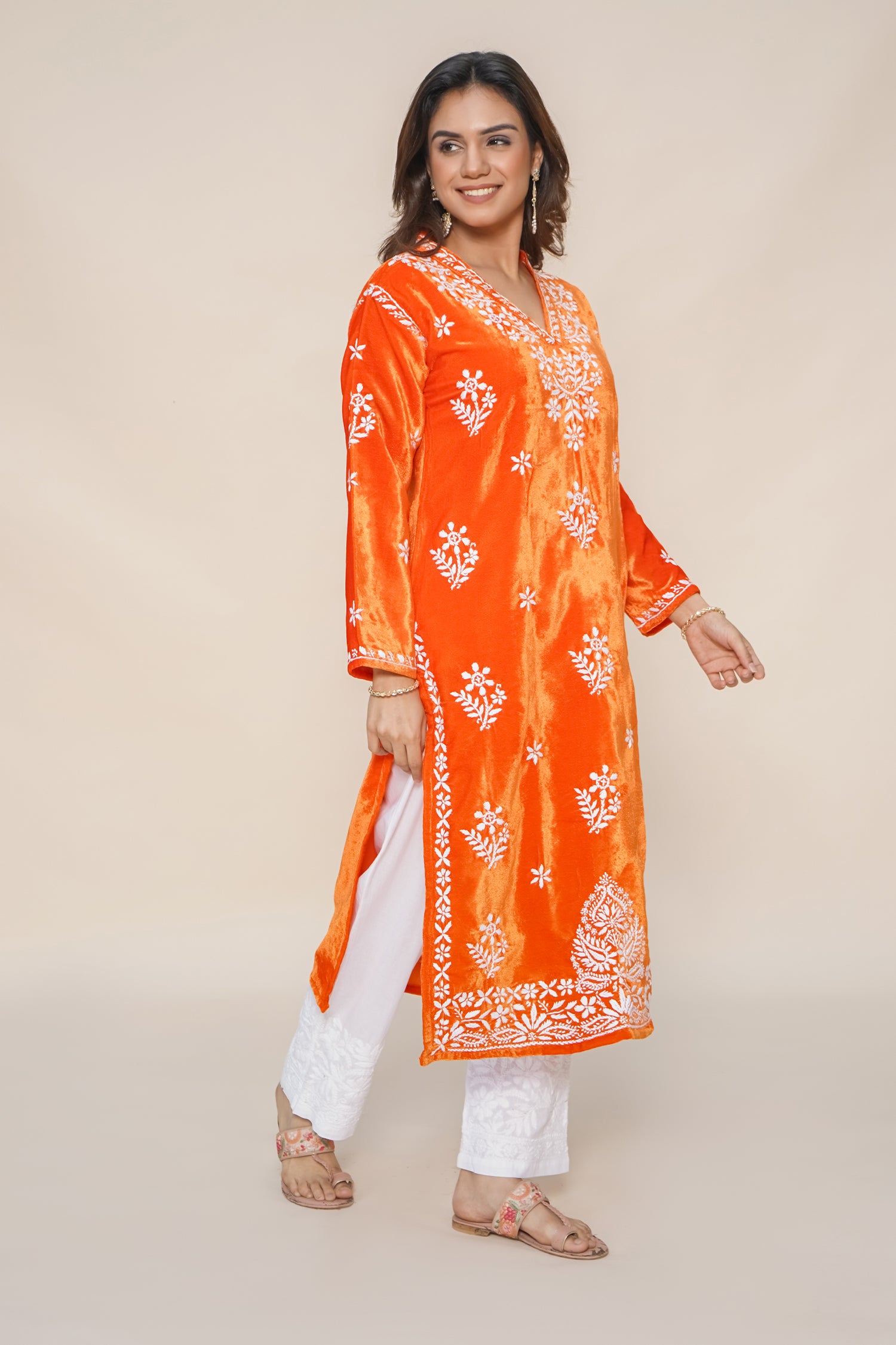 Velvet Chikankari Long Kurta in Orange