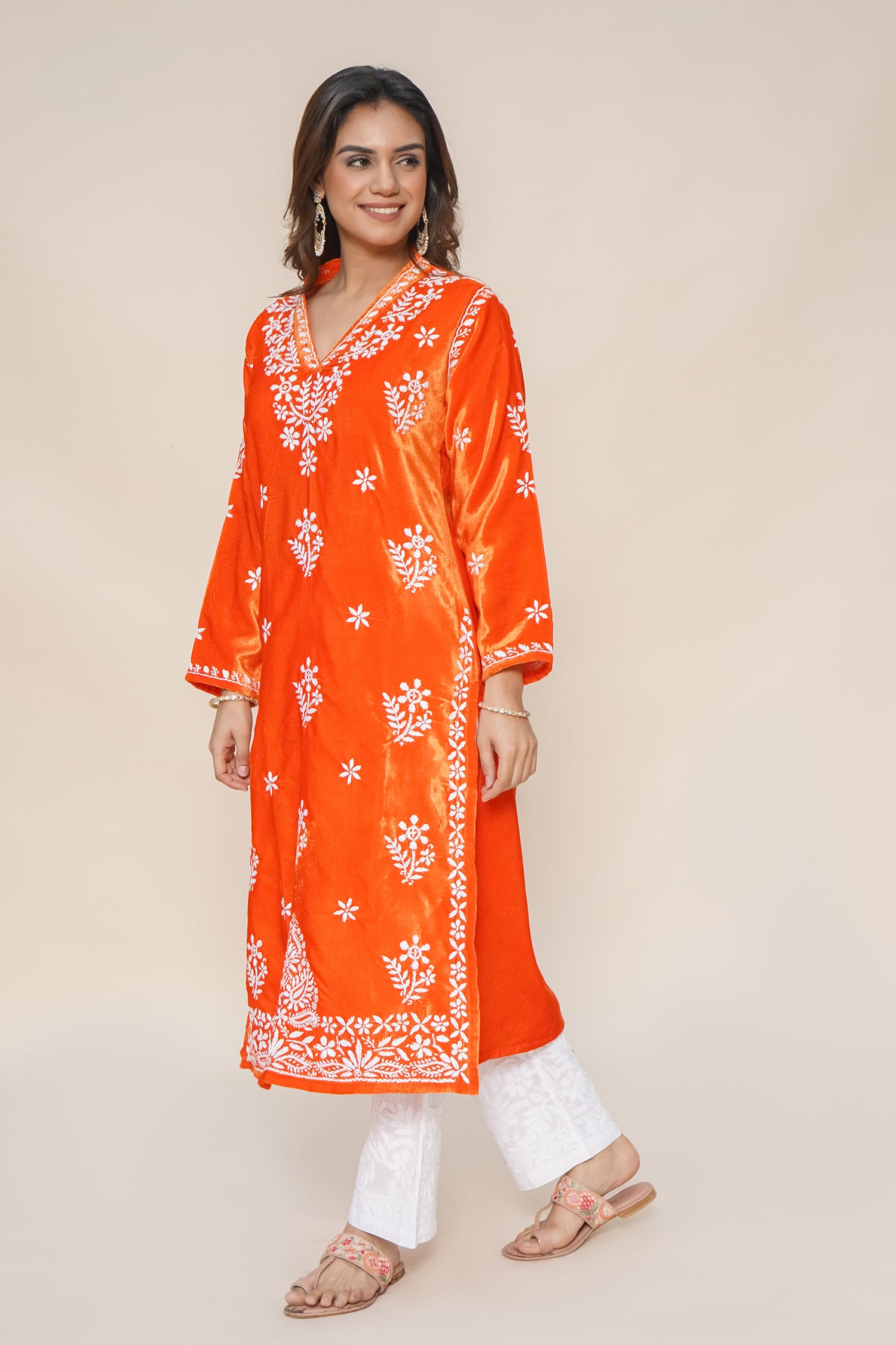 Velvet Chikankari Long Kurta in Orange