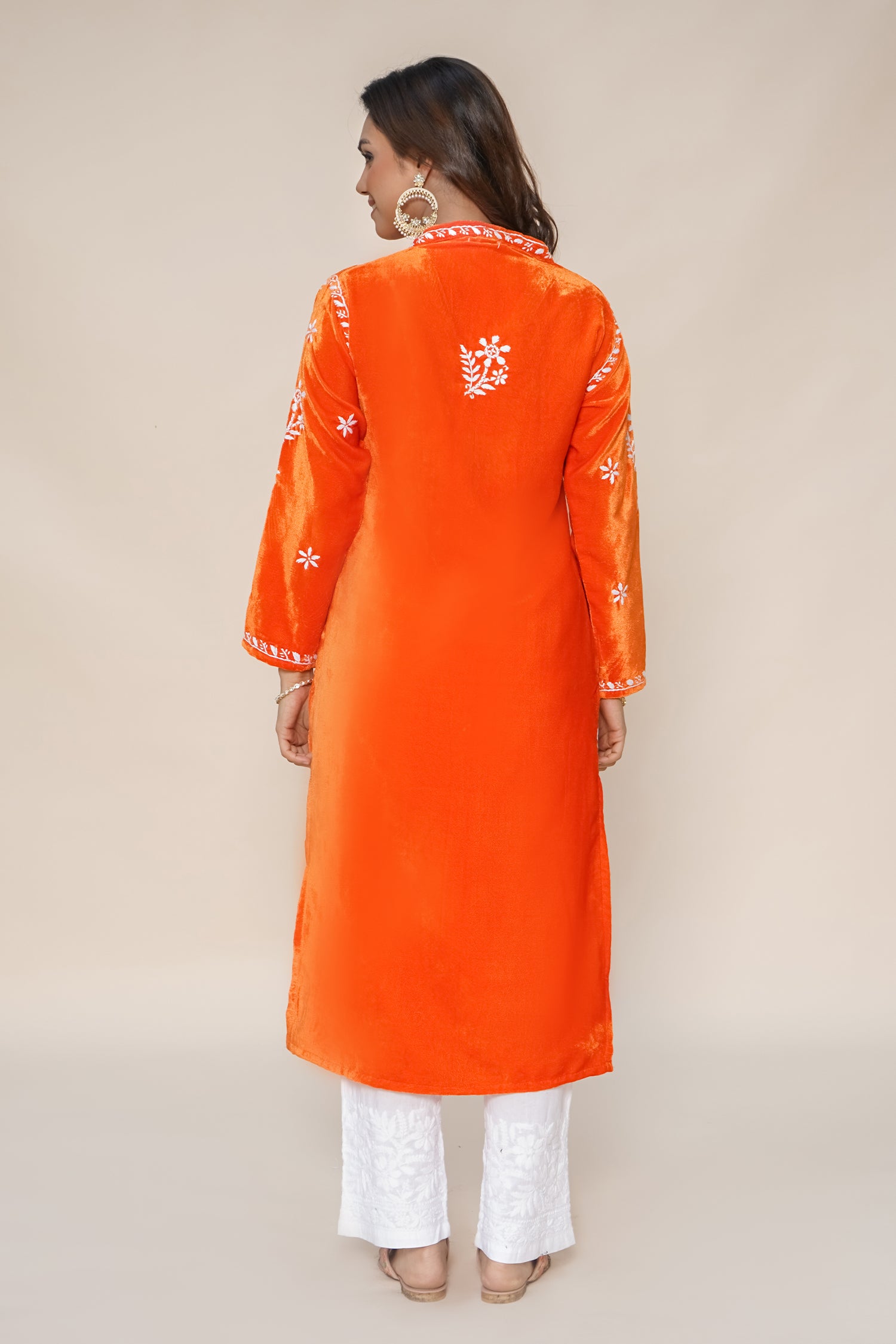 Velvet Chikankari Long Kurta in Orange