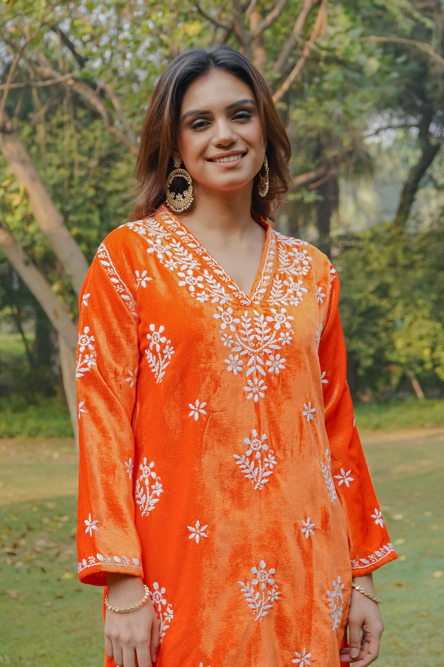 Velvet Chikankari Long Kurta in Orange