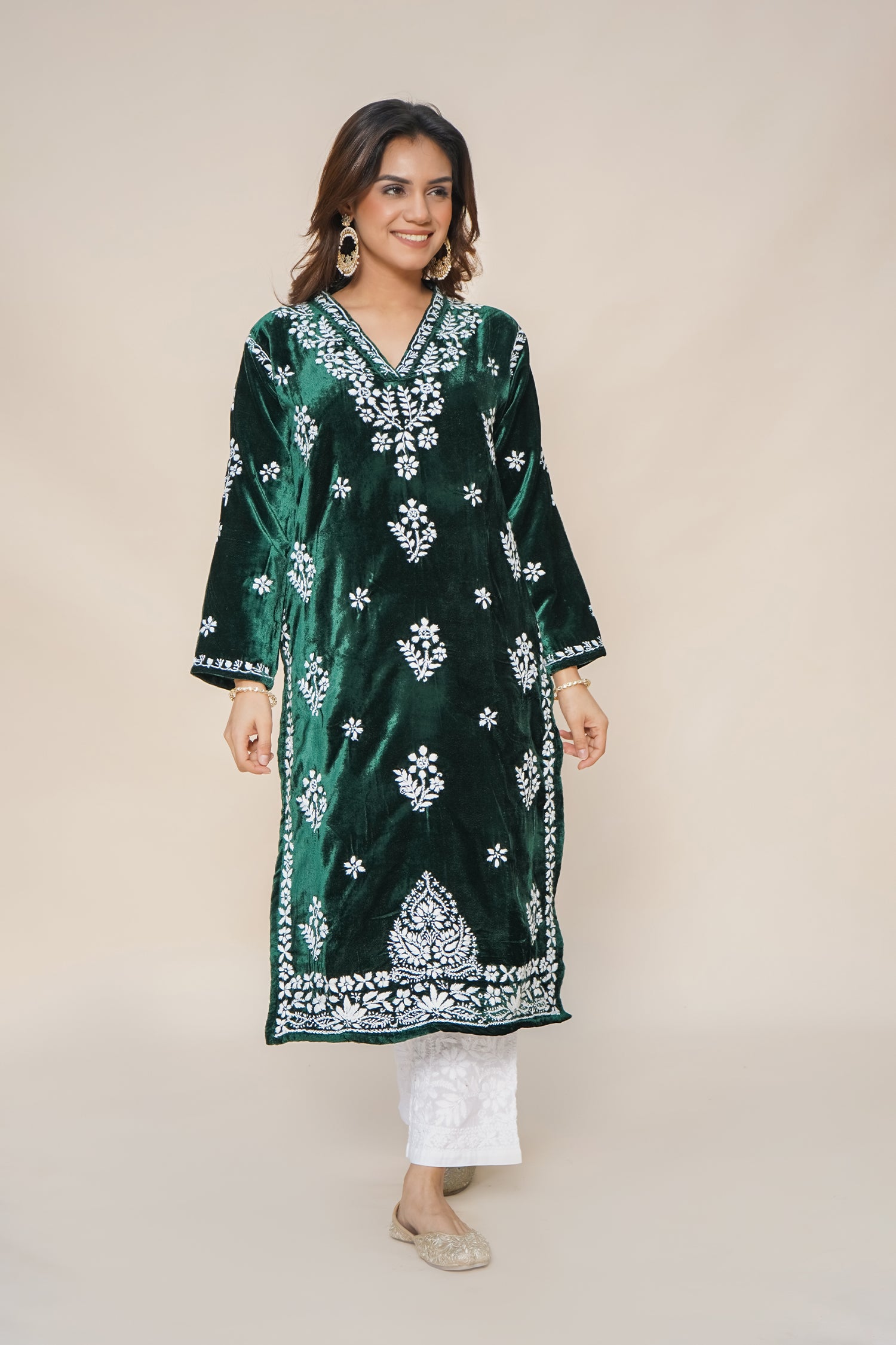 Velvet Chikankari Long Kurta in Green