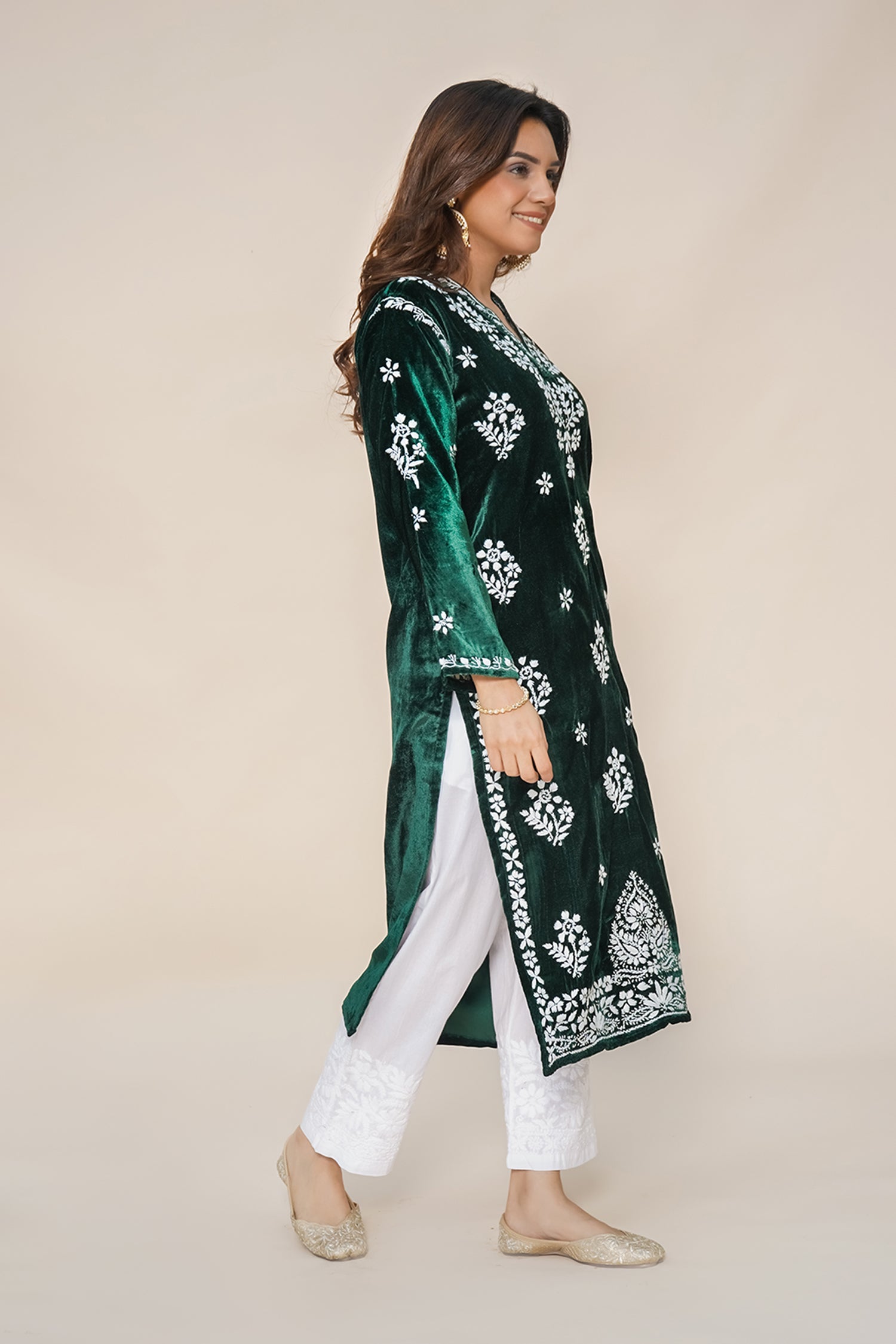 Velvet Chikankari Long Kurta in Green