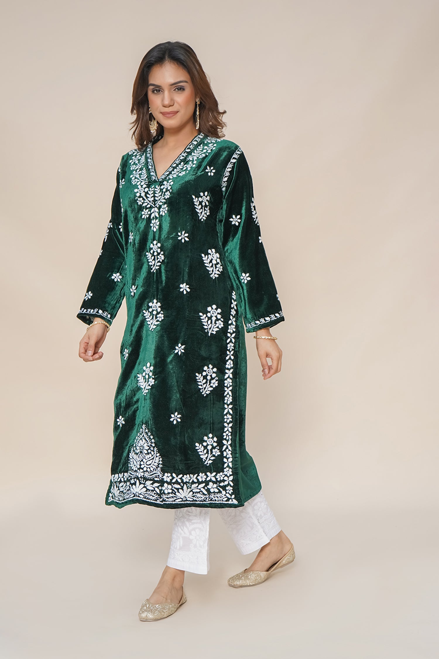 Velvet Chikankari Long Kurta in Green