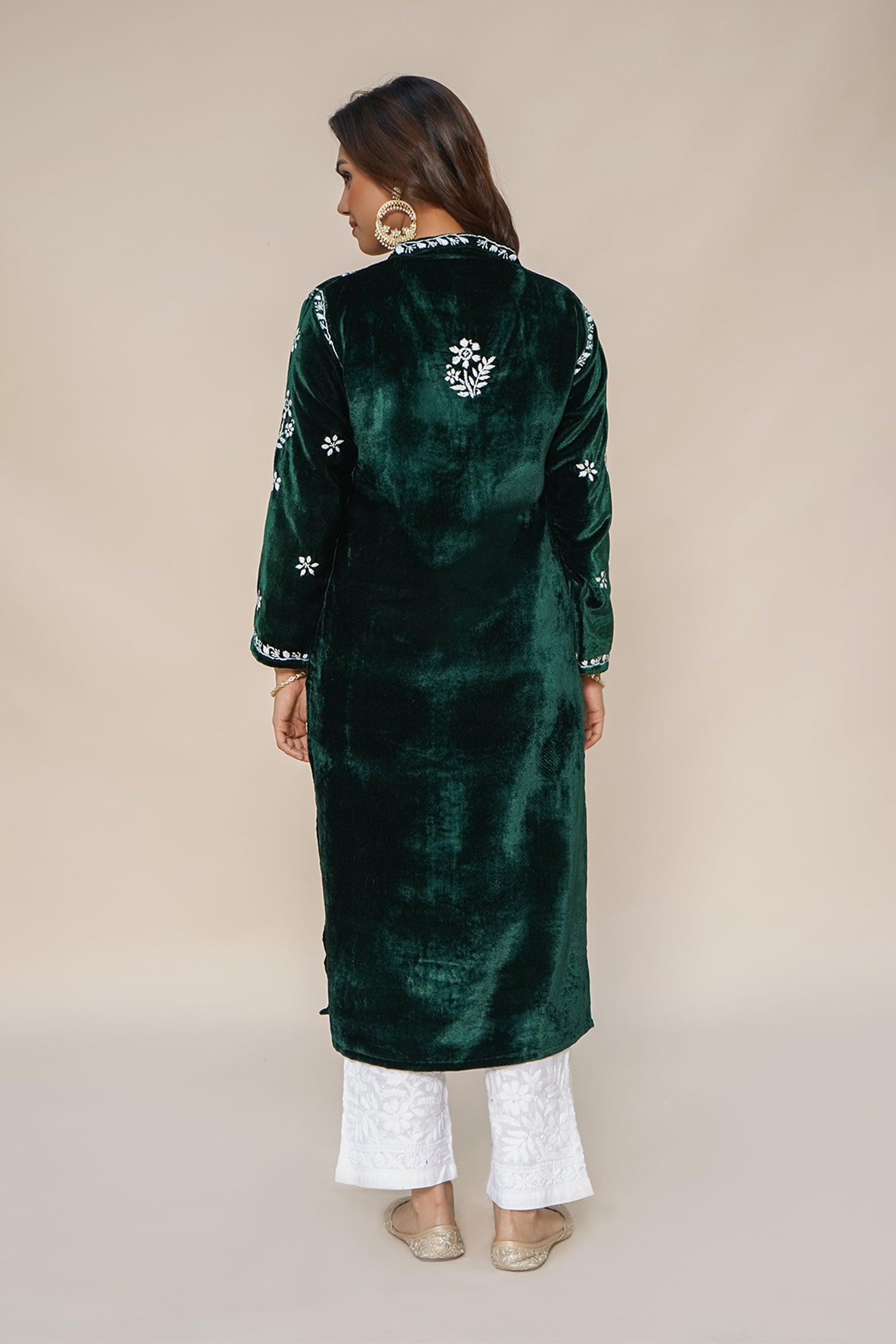 Velvet Chikankari Long Kurta in Green