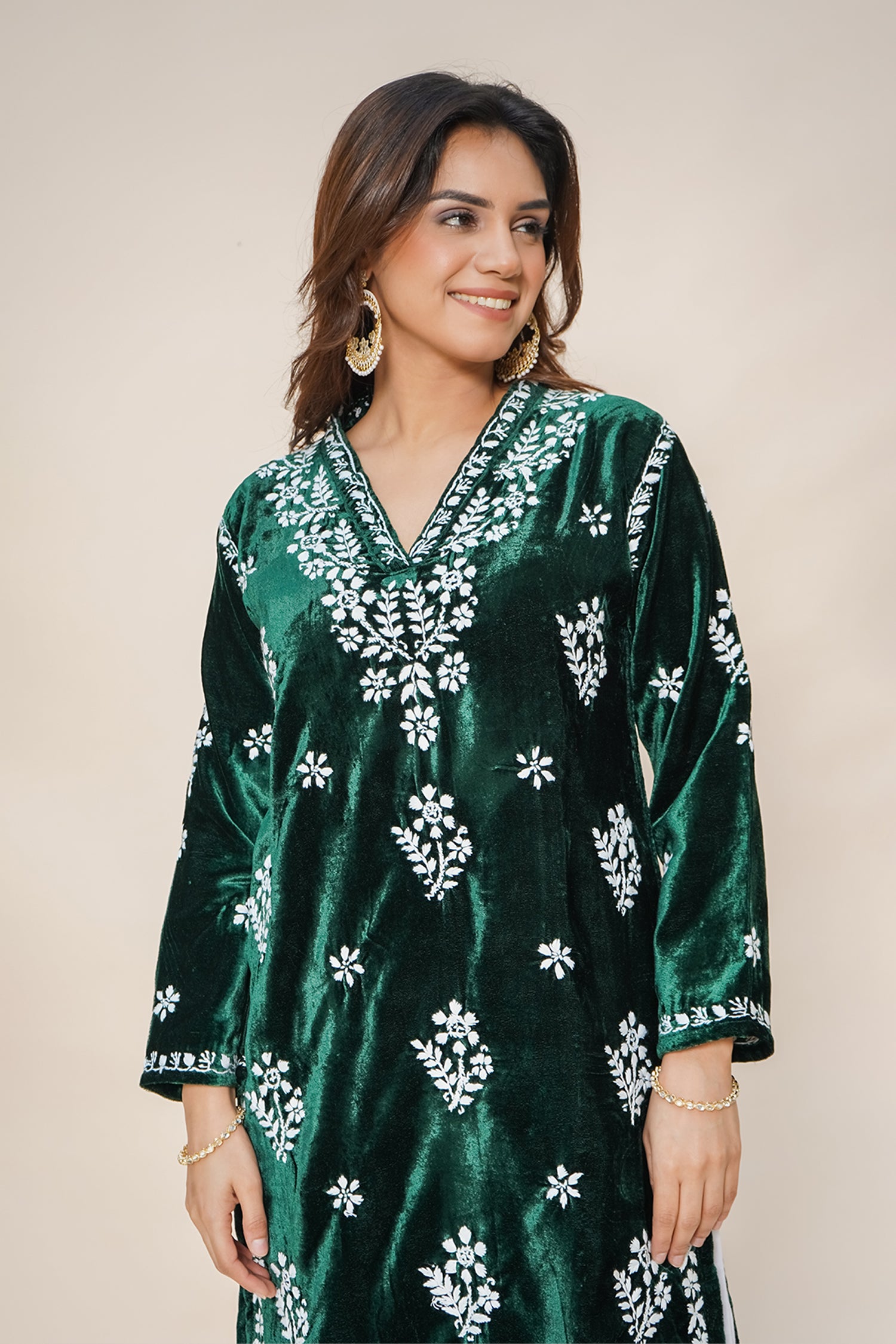 Velvet Chikankari Long Kurta in Green