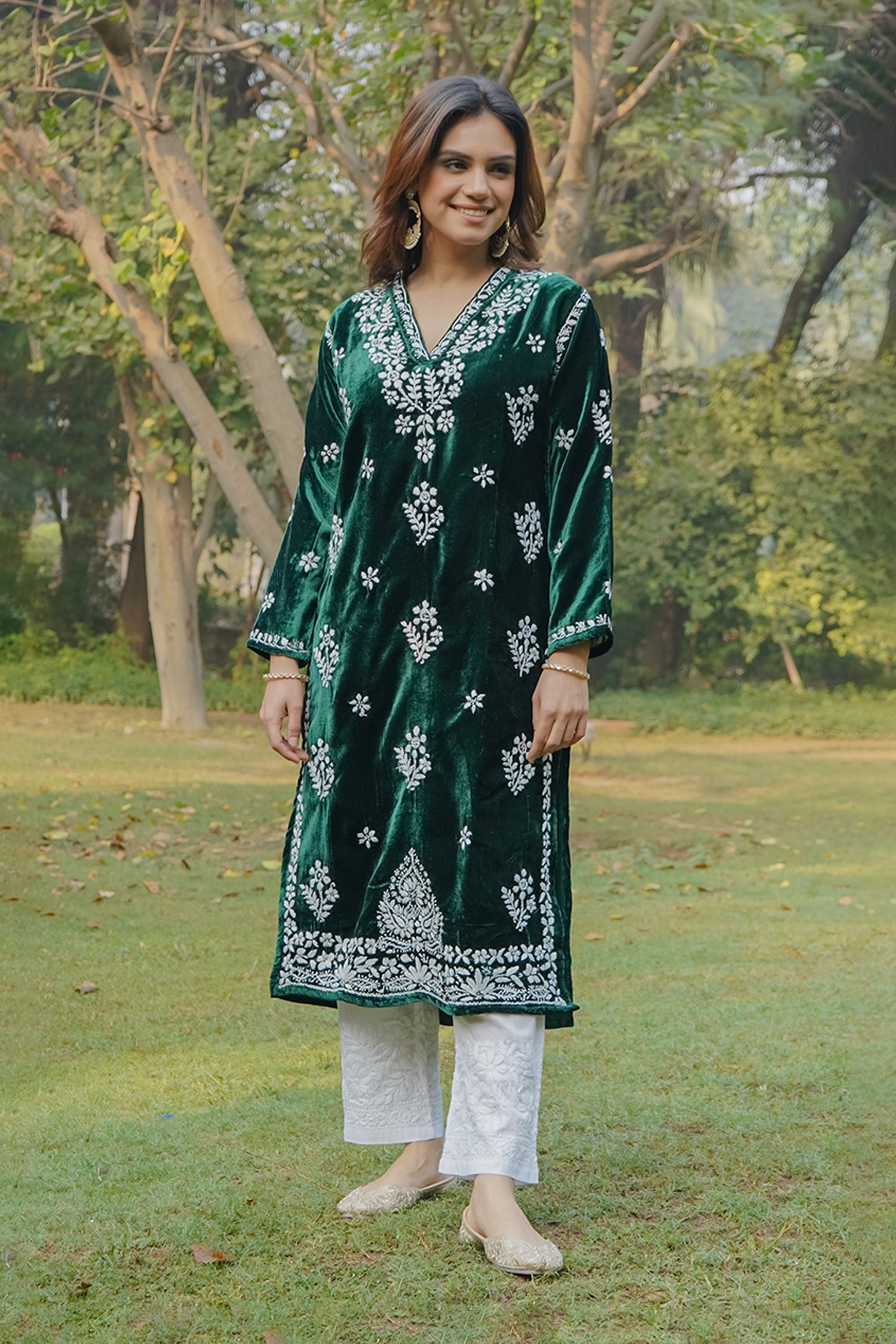 Velvet Chikankari Long Kurta in Green