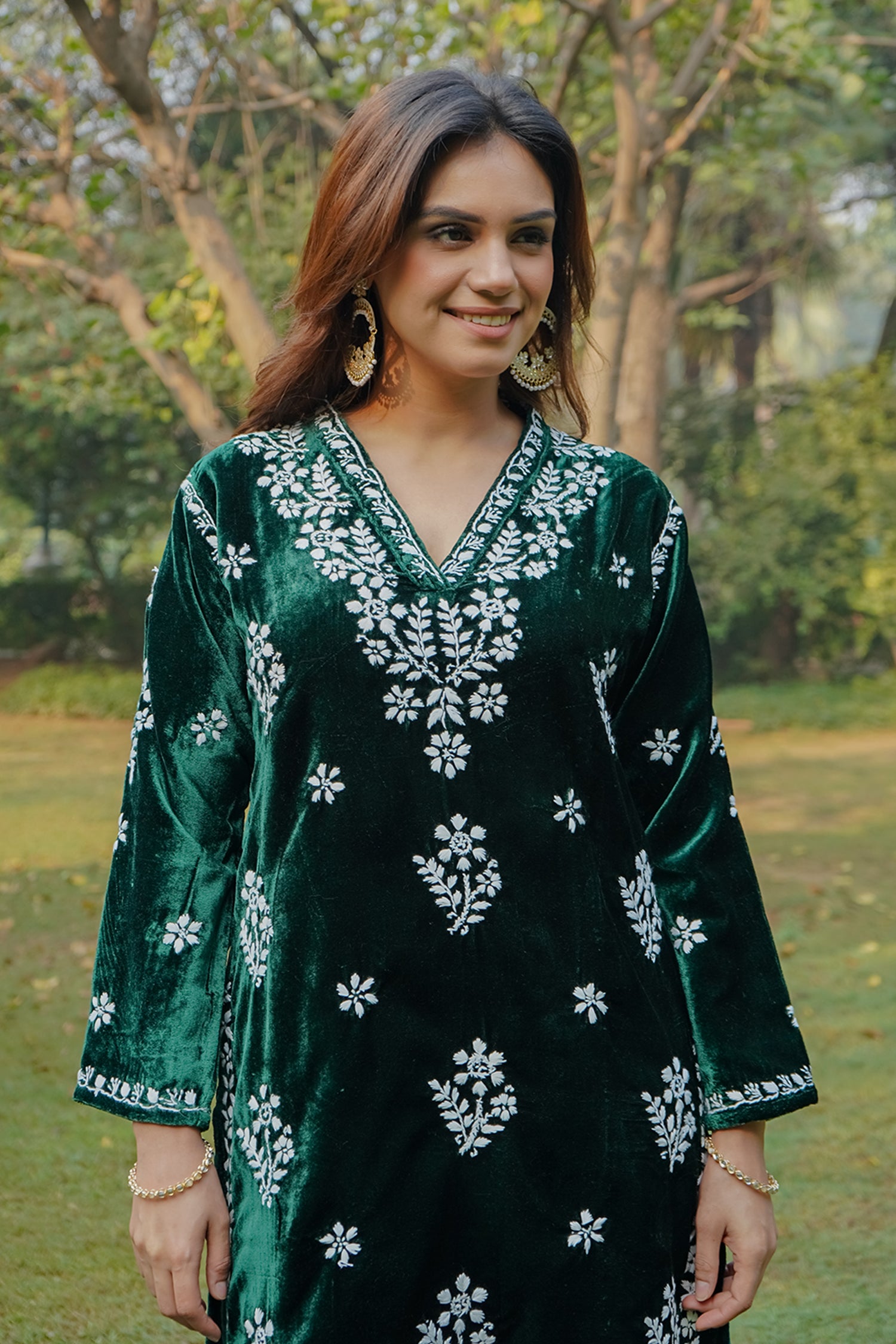 Velvet Chikankari Long Kurta in Green