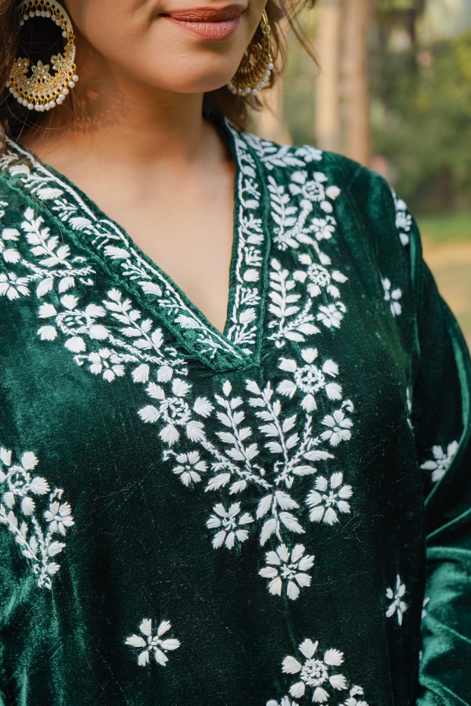 Velvet Chikankari Long Kurta in Green