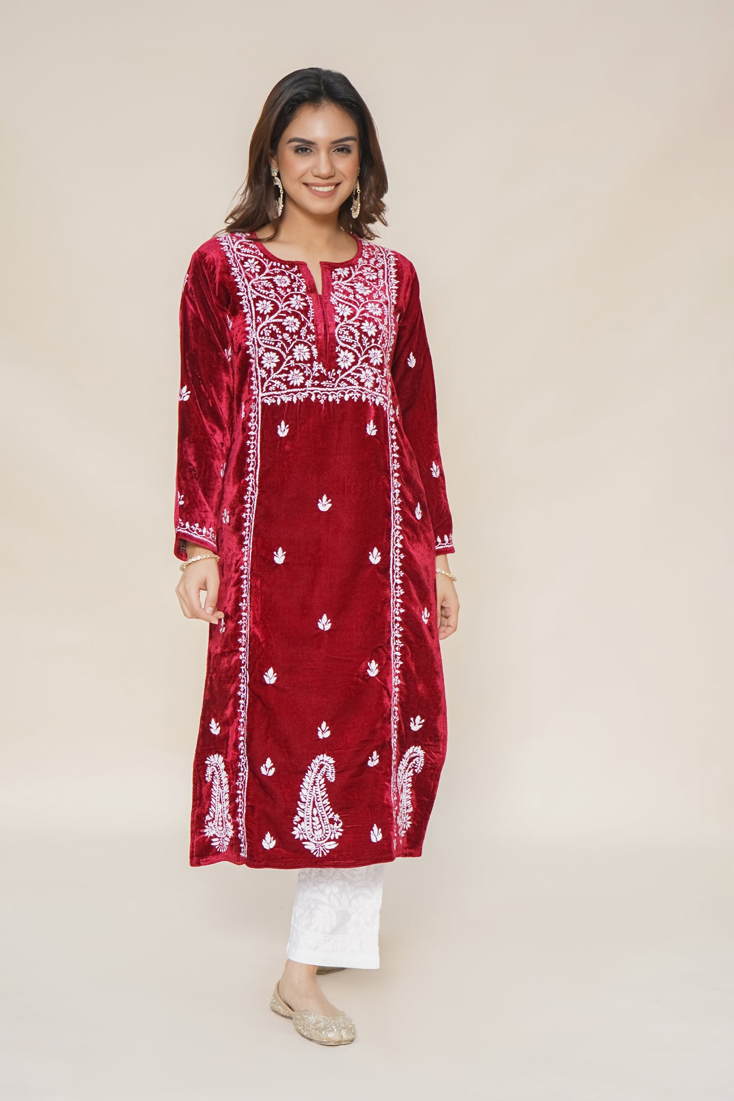 Velvet Chikankari Long Kurta in Maroon