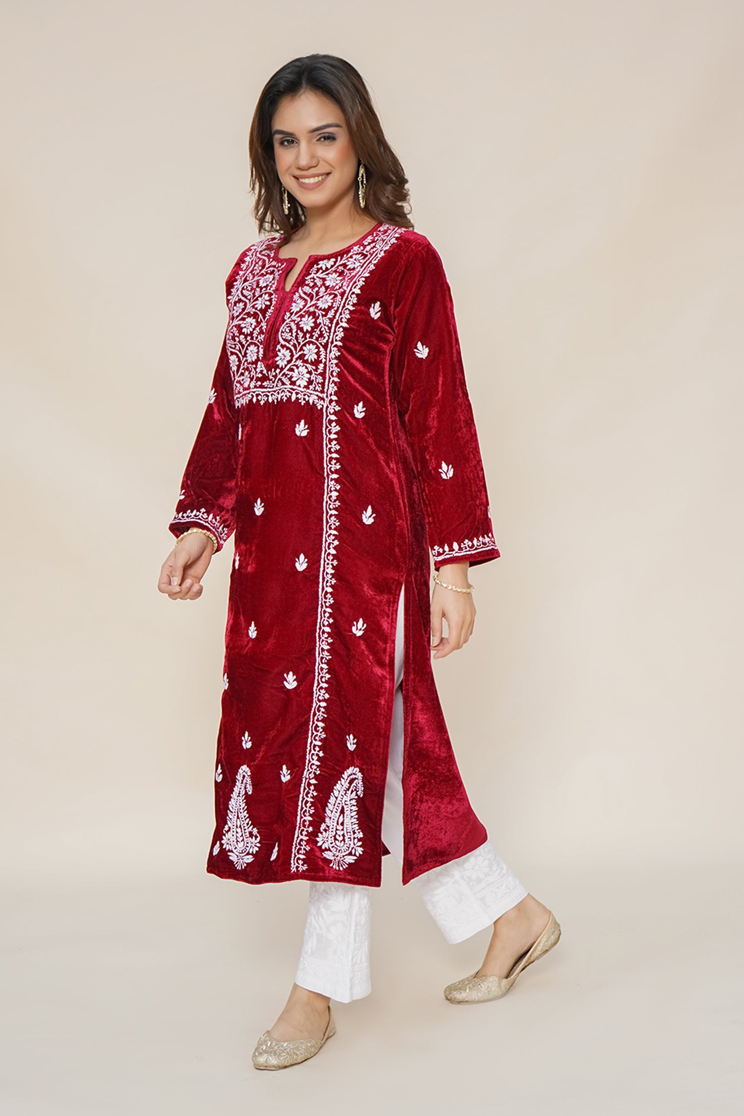 Velvet Chikankari Long Kurta in Maroon