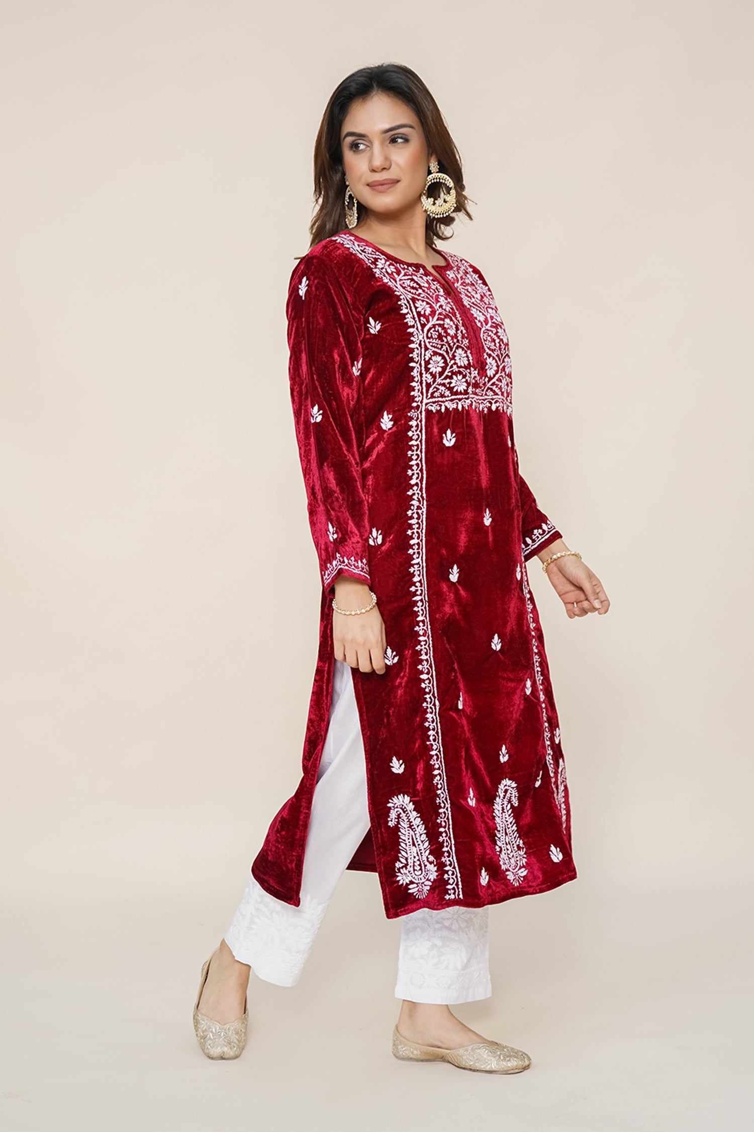 Velvet Chikankari Long Kurta in Maroon