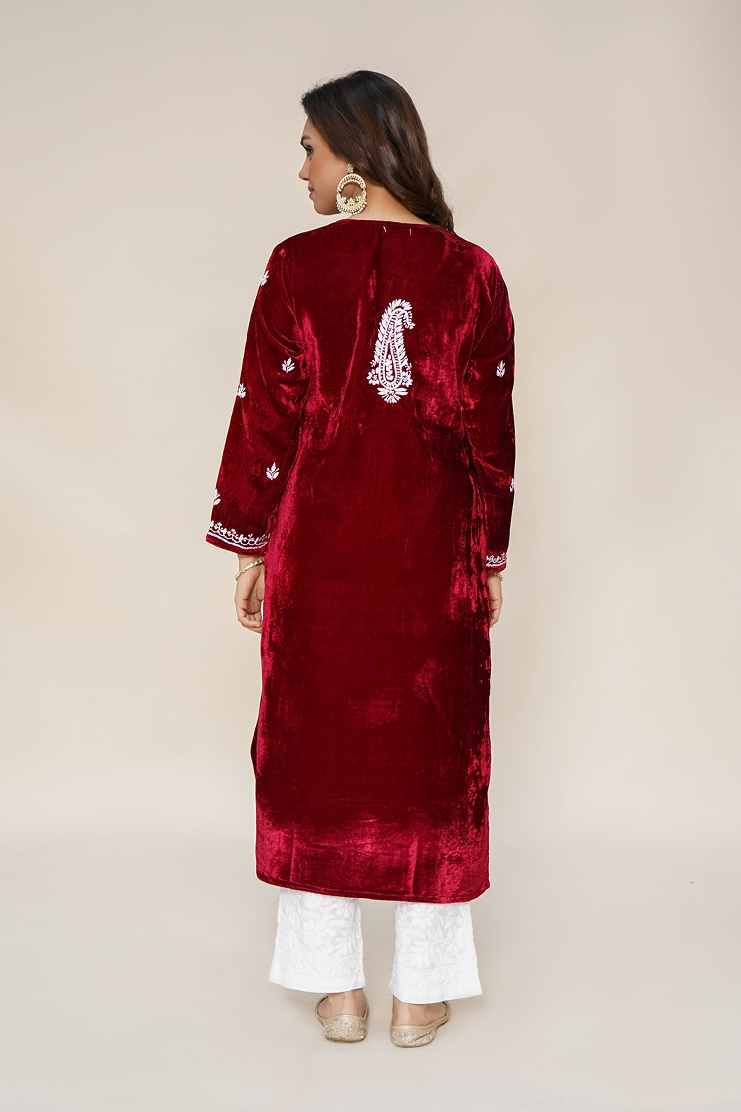 Velvet Chikankari Long Kurta in Maroon