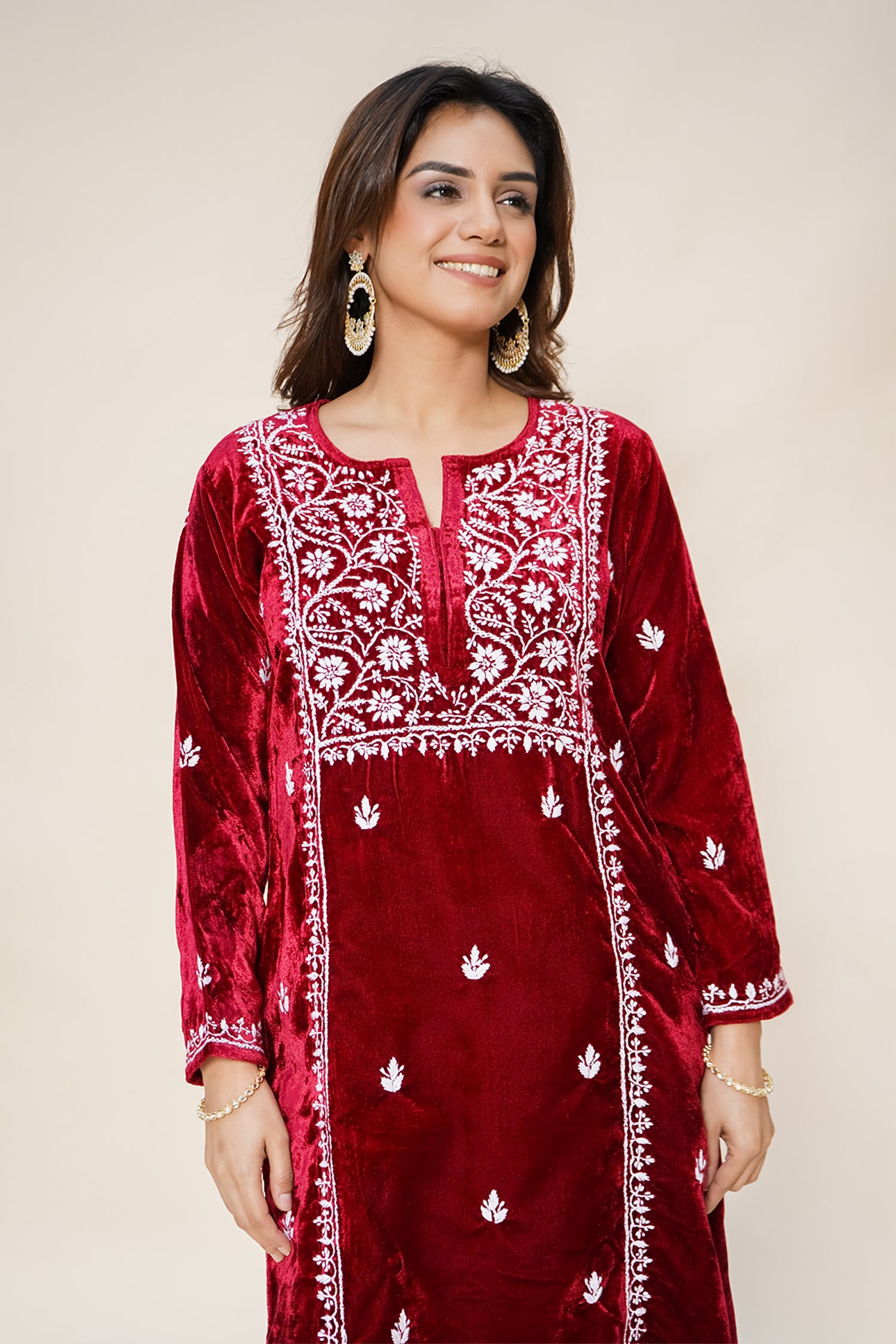 Velvet Chikankari Long Kurta in Maroon