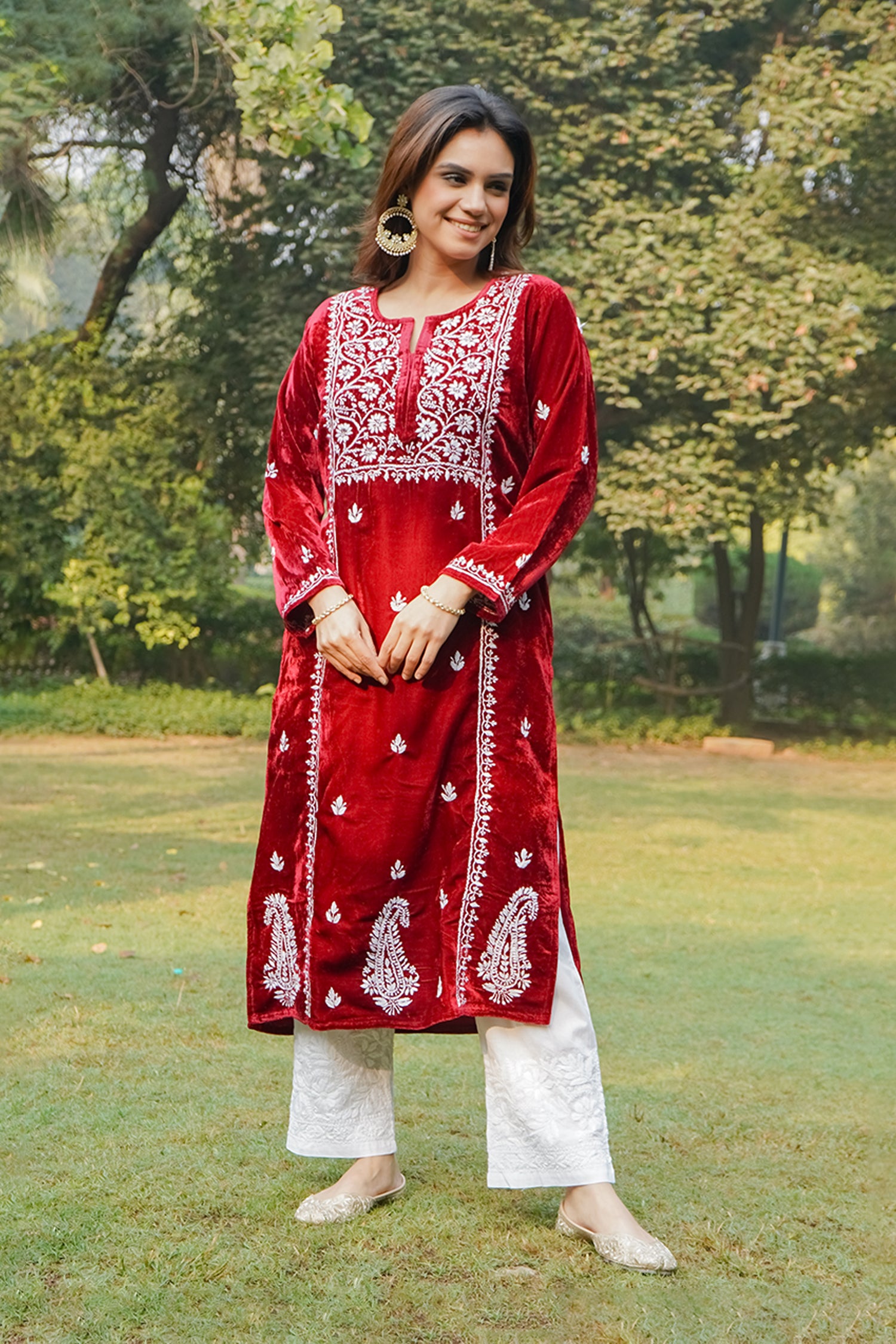 Velvet Chikankari Long Kurta in Maroon