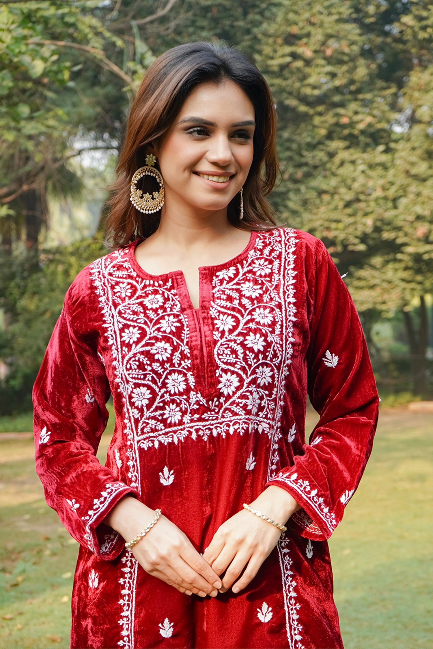 Velvet Chikankari Long Kurta in Maroon