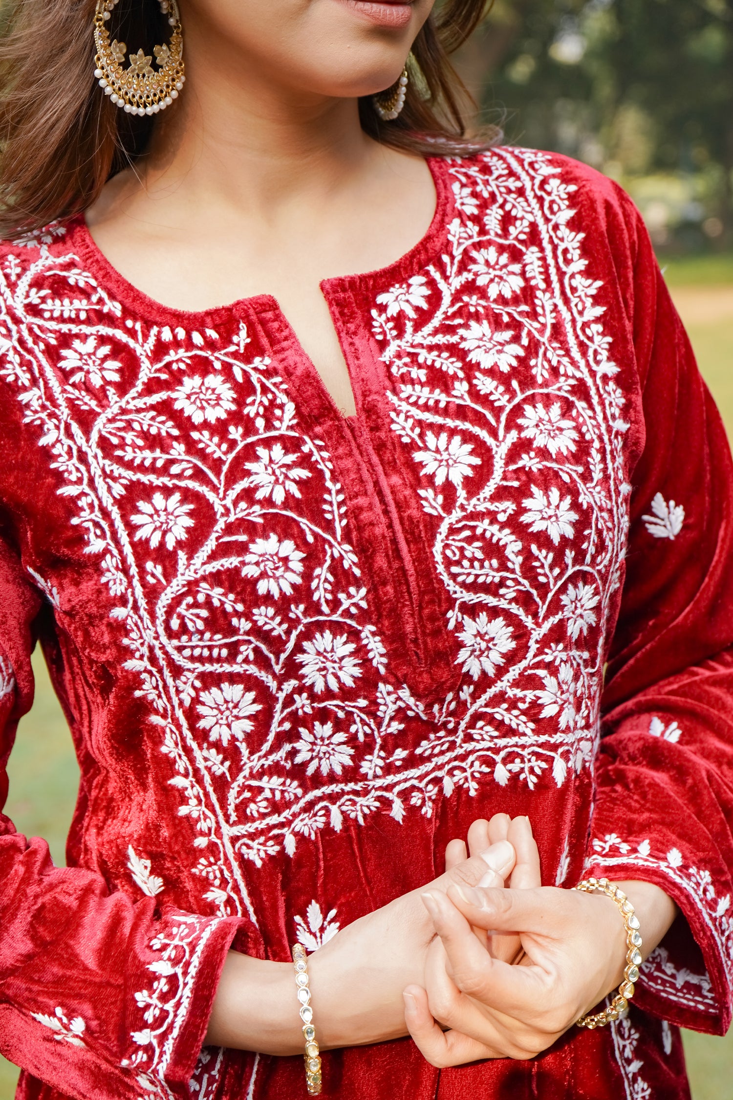 Velvet Chikankari Long Kurta in Maroon