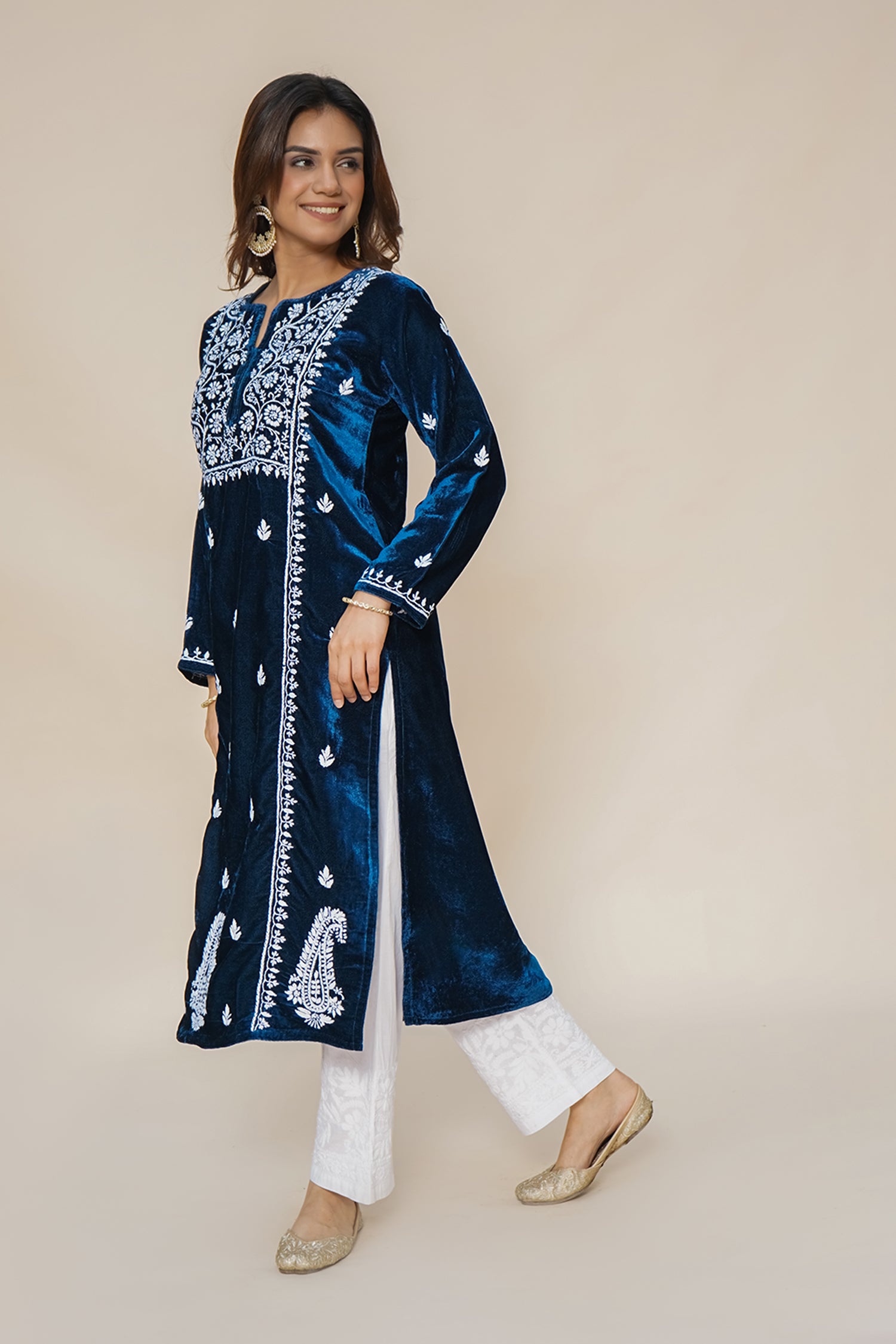 Velvet Chikankari Long Kurta in Blue