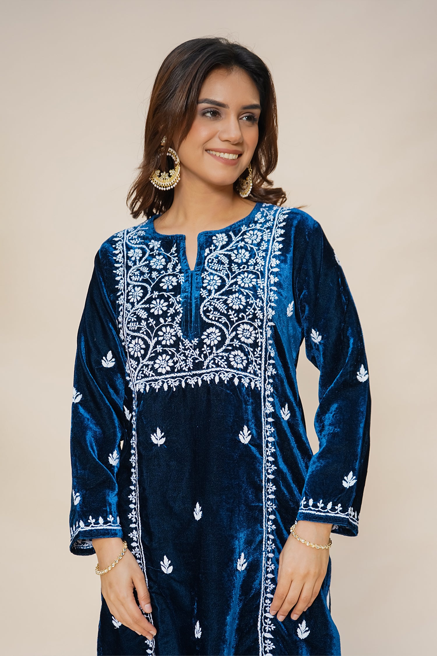 Velvet Chikankari Long Kurta in Blue