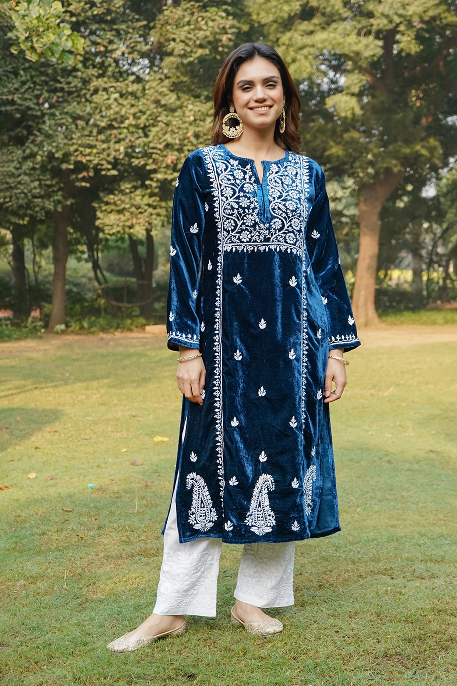 Velvet Chikankari Long Kurta in Blue