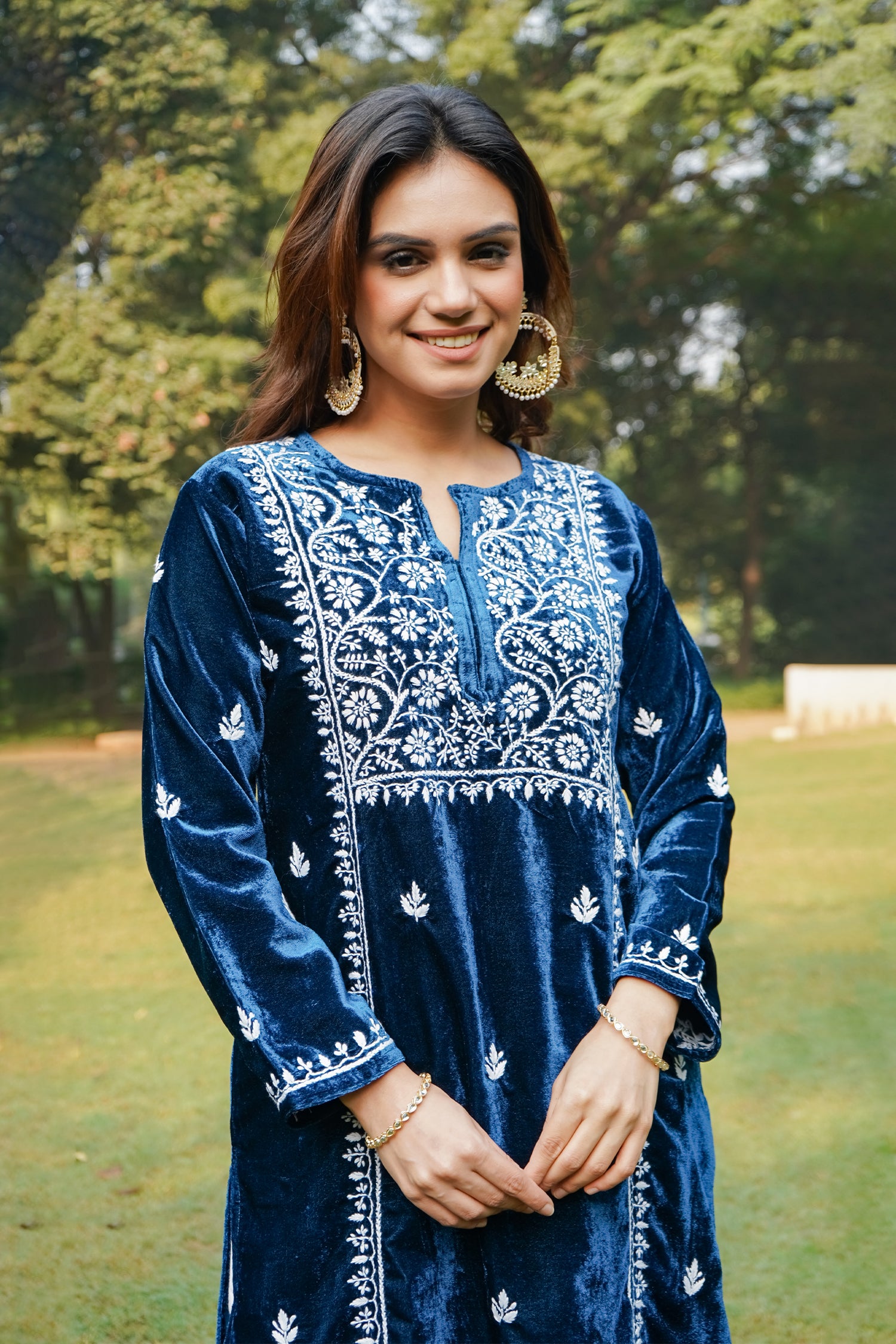 Velvet Chikankari Long Kurta in Blue