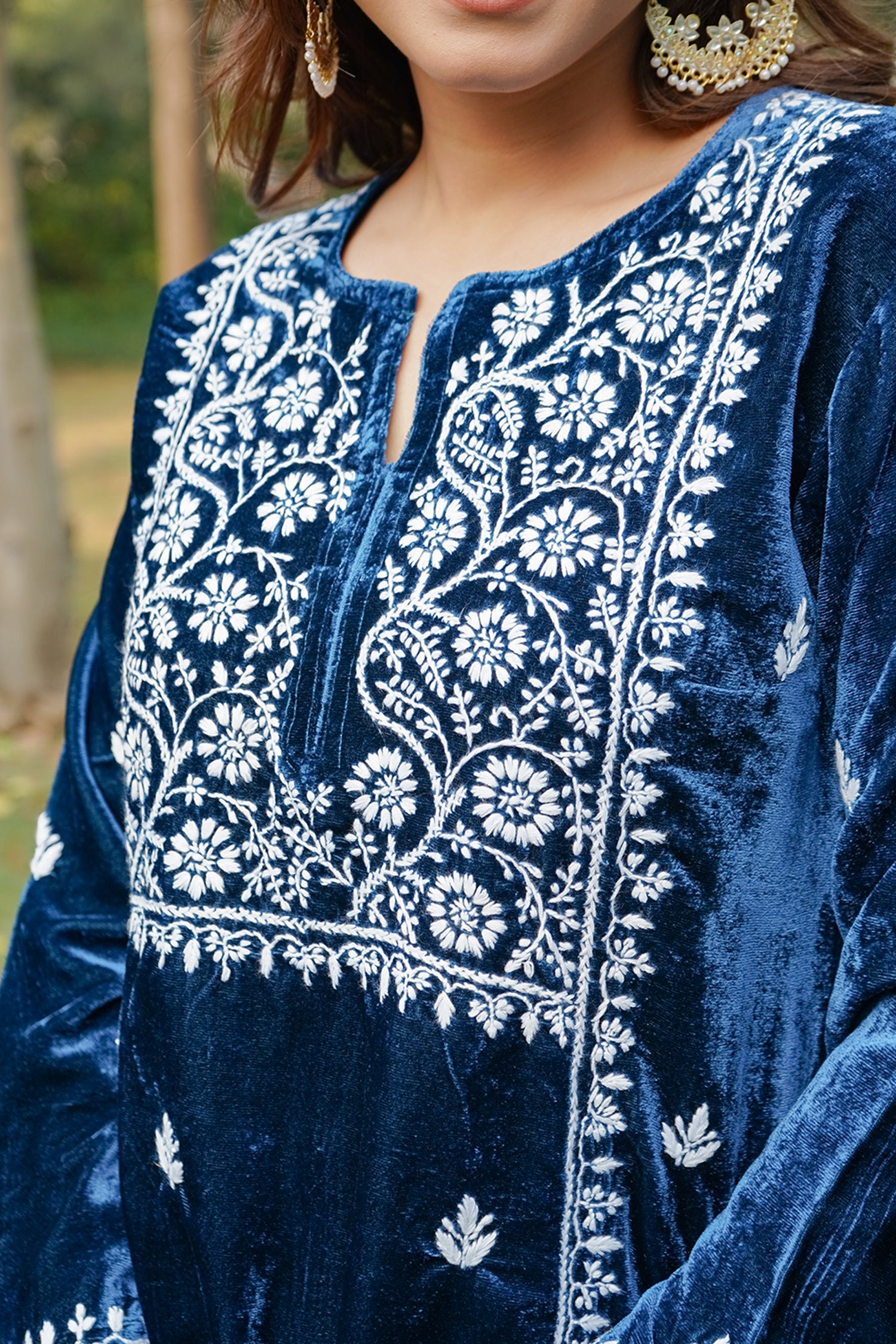 Velvet Chikankari Long Kurta in Blue