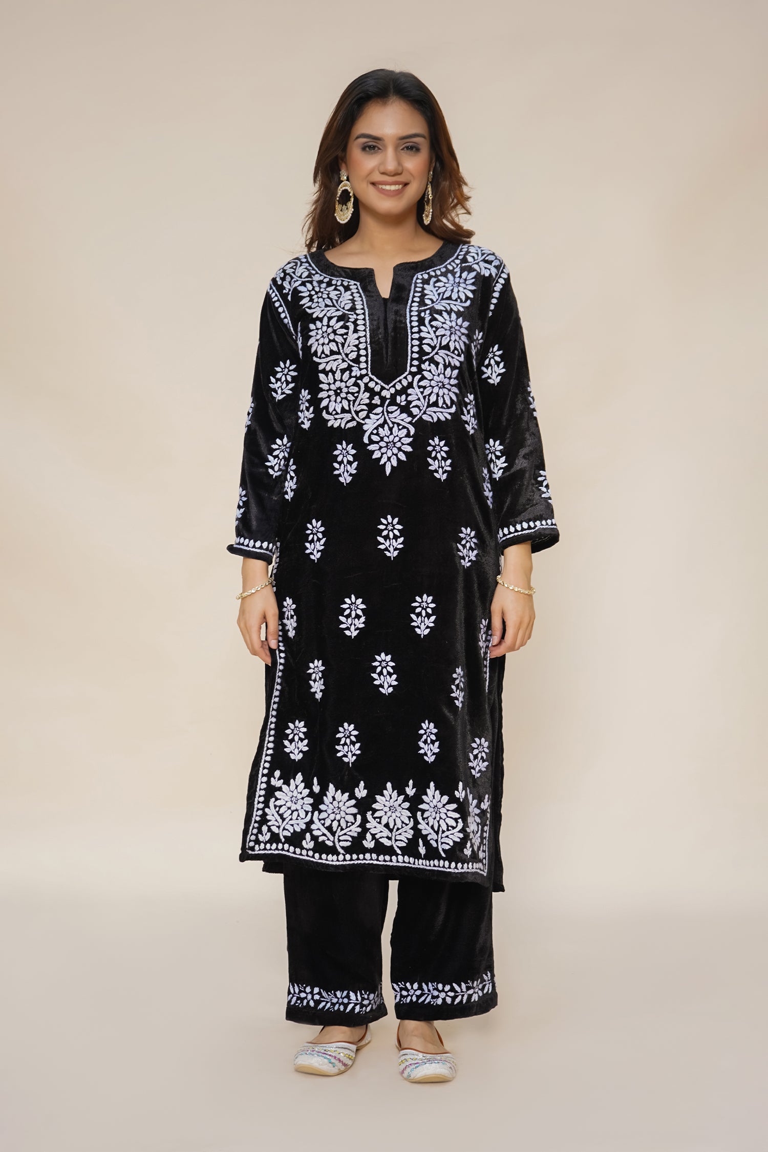 Velvet Chikankari Kurta Set in Black