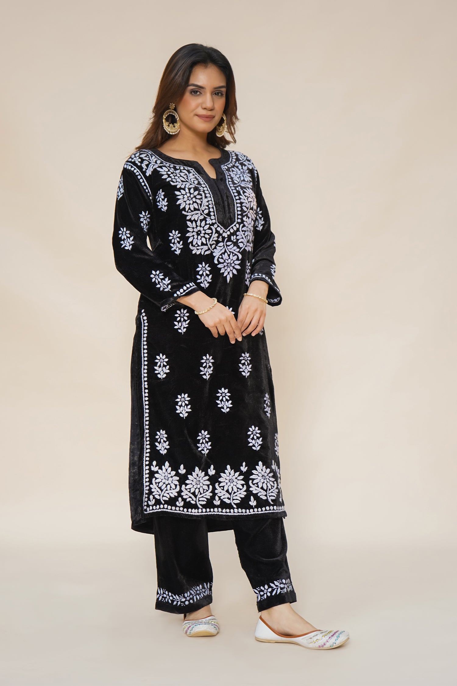 Velvet Chikankari Kurta Set in Black