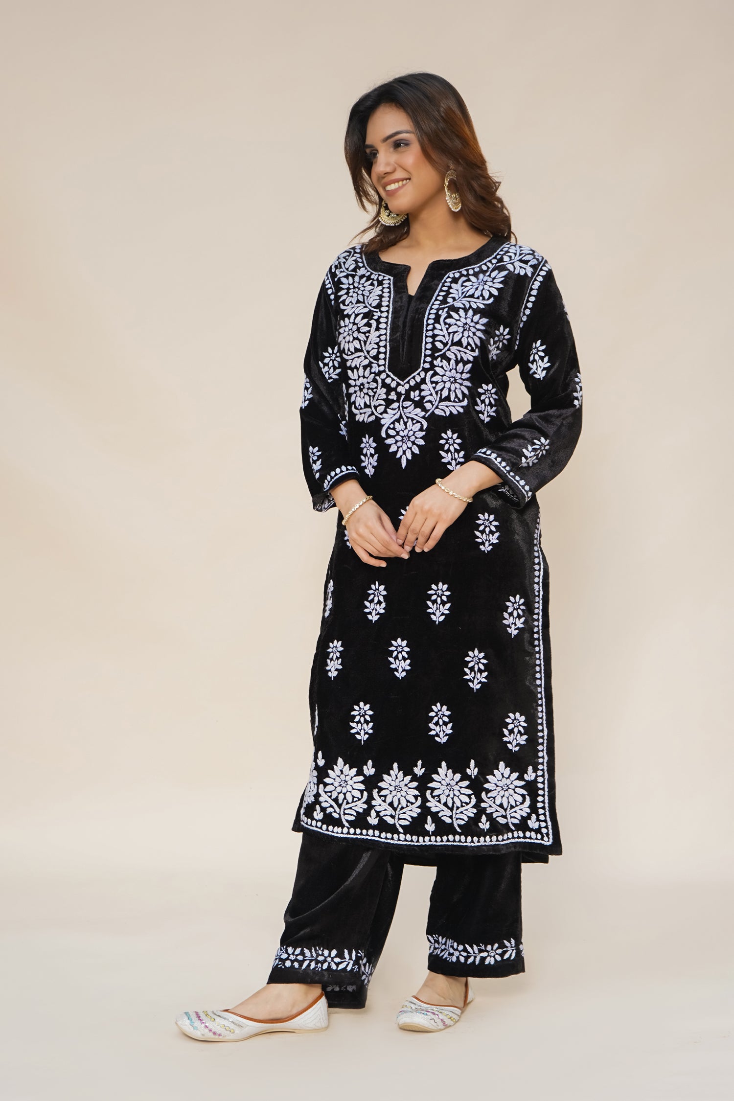 Velvet Chikankari Kurta Set in Black