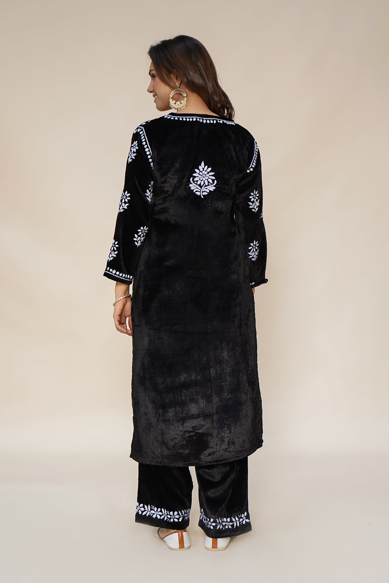 Velvet Chikankari Kurta Set in Black