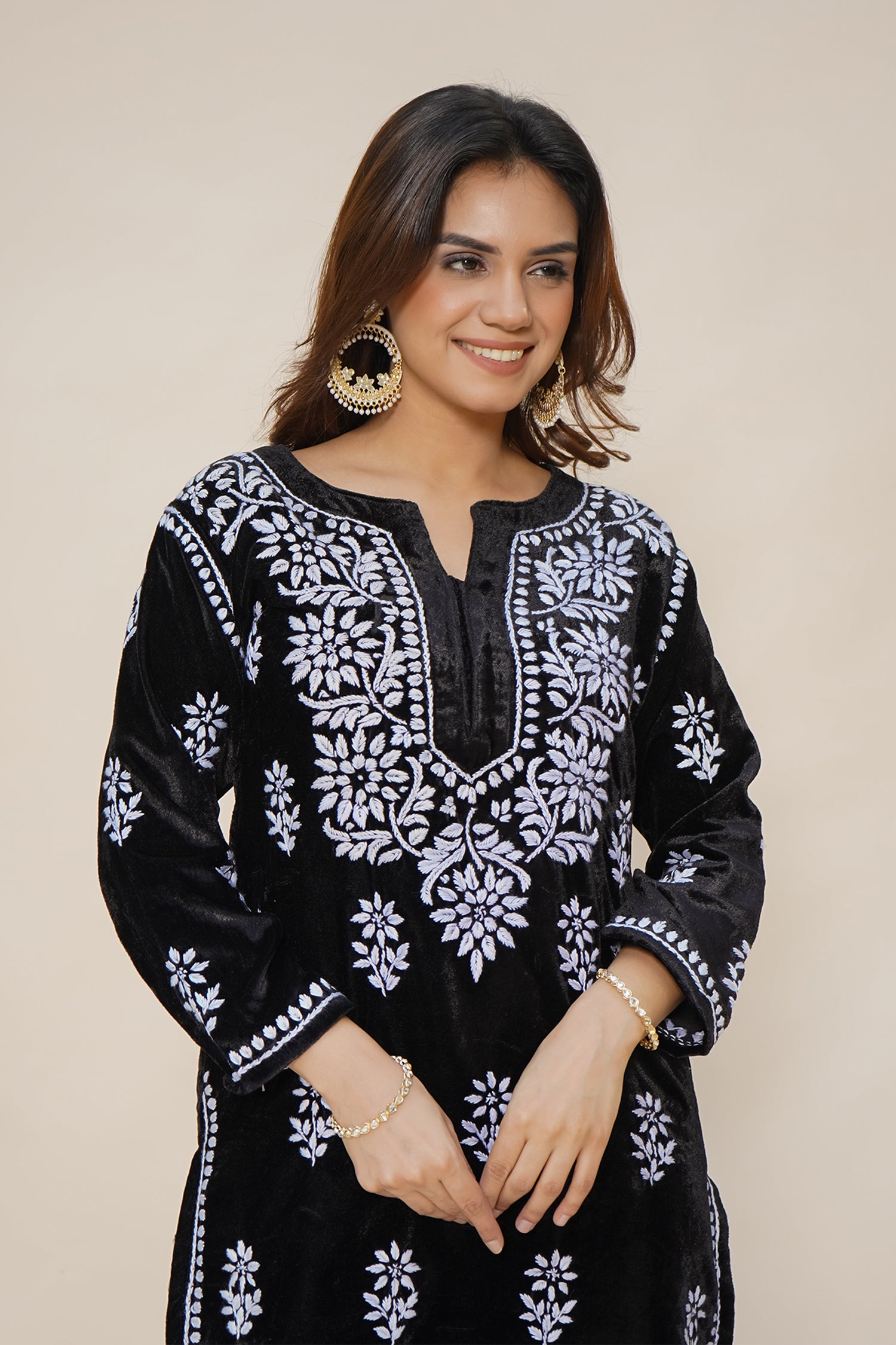 Velvet Chikankari Kurta Set in Black