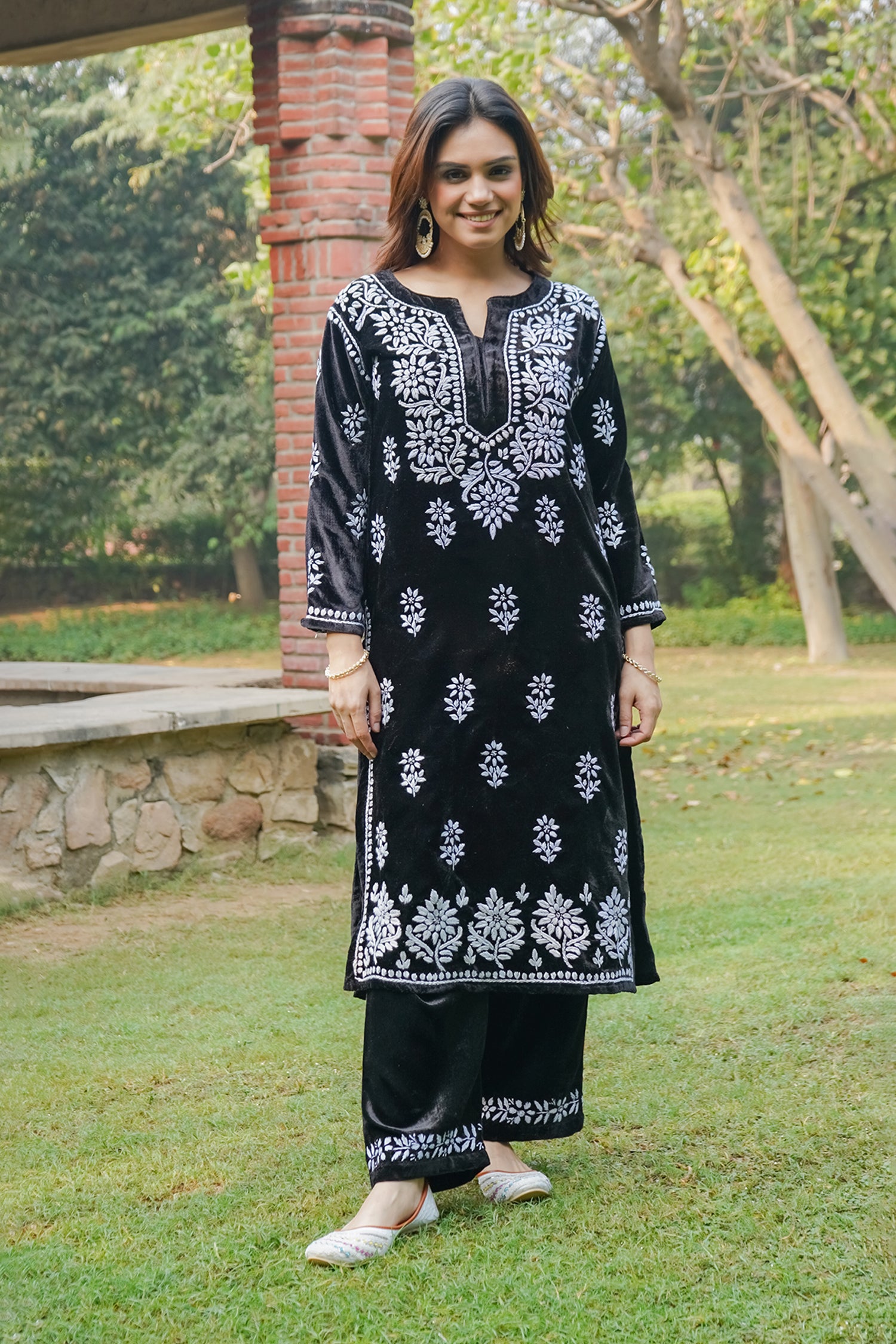 Velvet Chikankari Kurta Set in Black