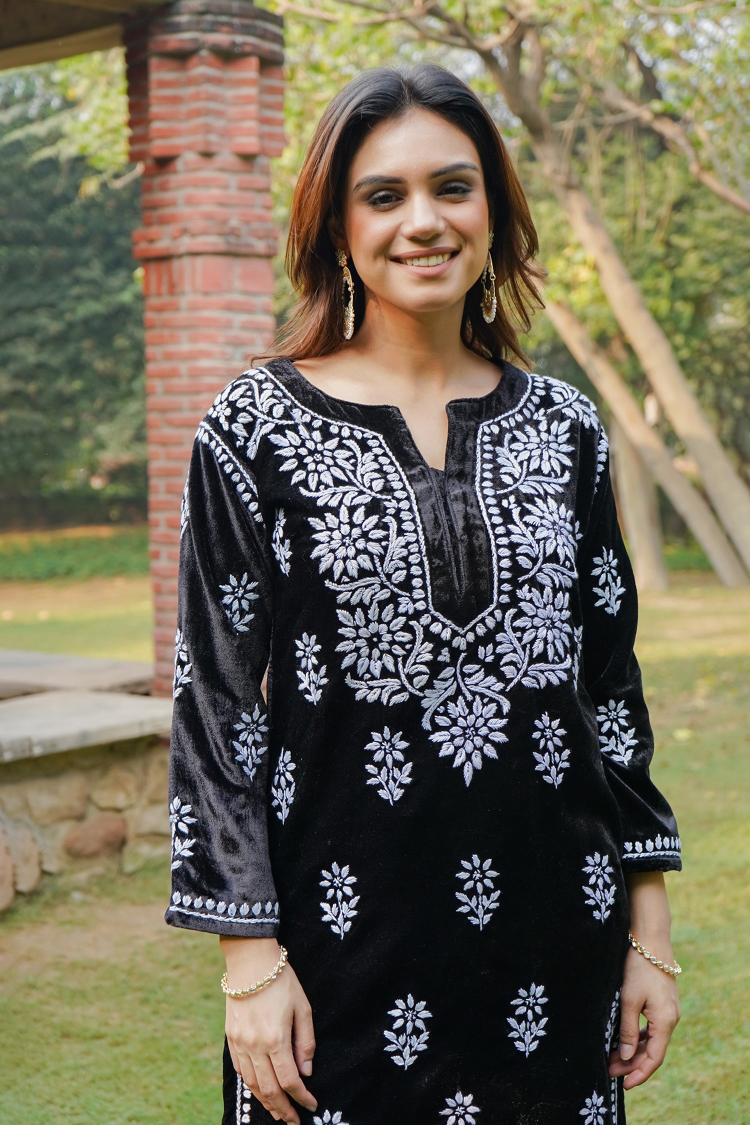 Velvet Chikankari Kurta Set in Black