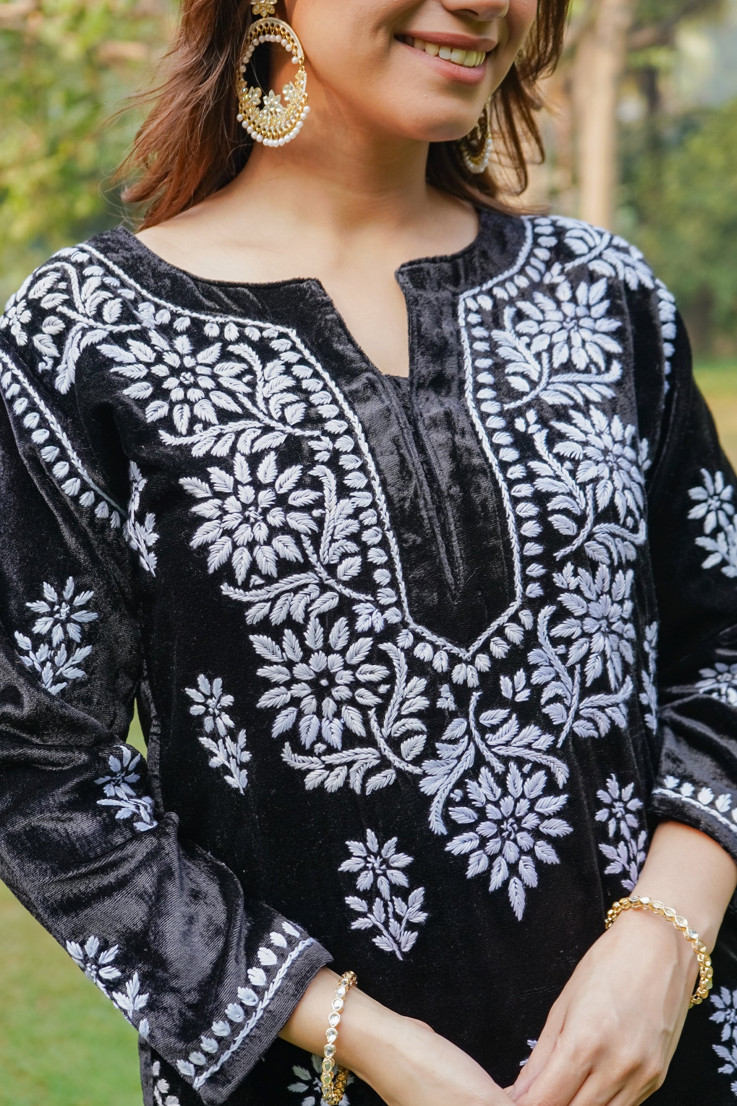 Velvet Chikankari Kurta Set in Black