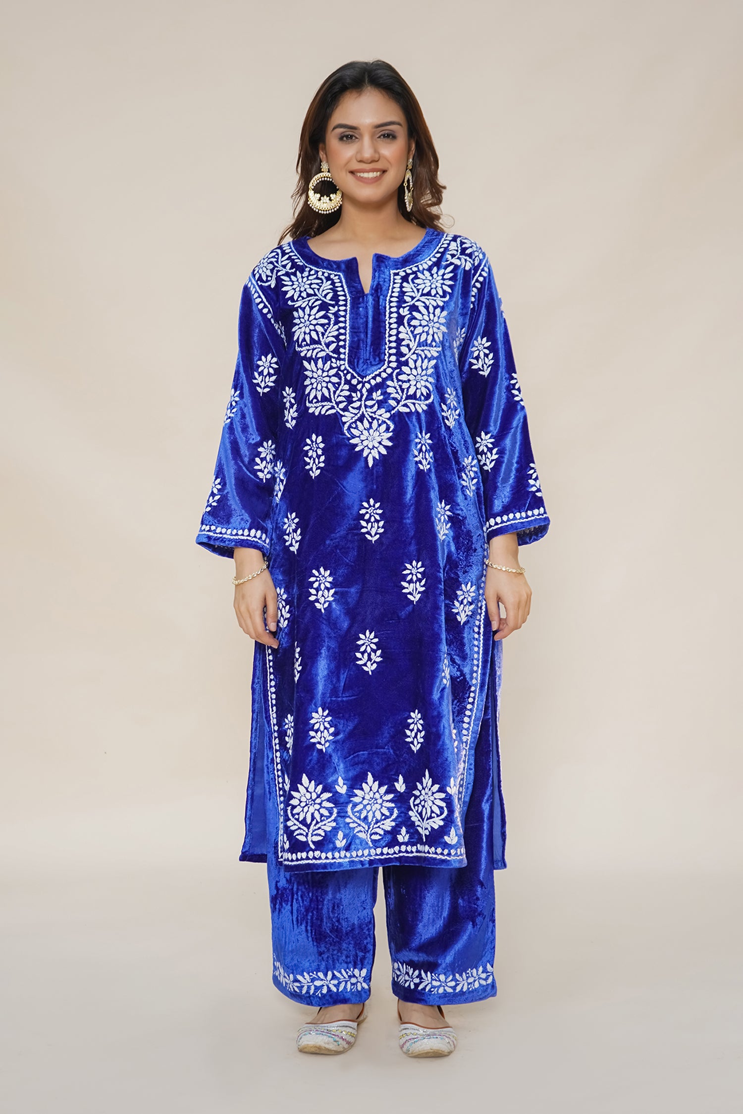 Velvet Chikankari Kurta Set in Royal Blue