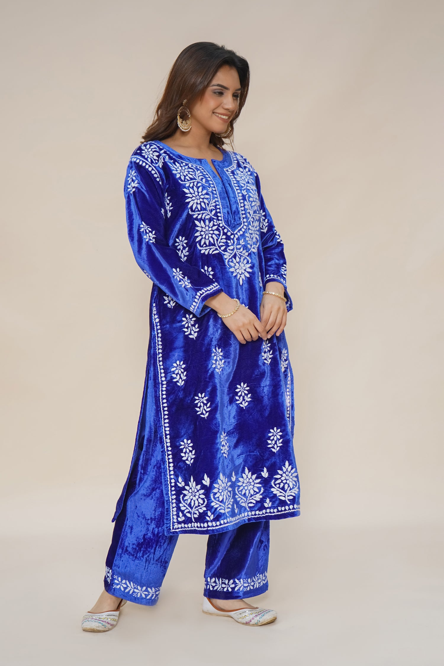 Velvet Chikankari Kurta Set in Royal Blue