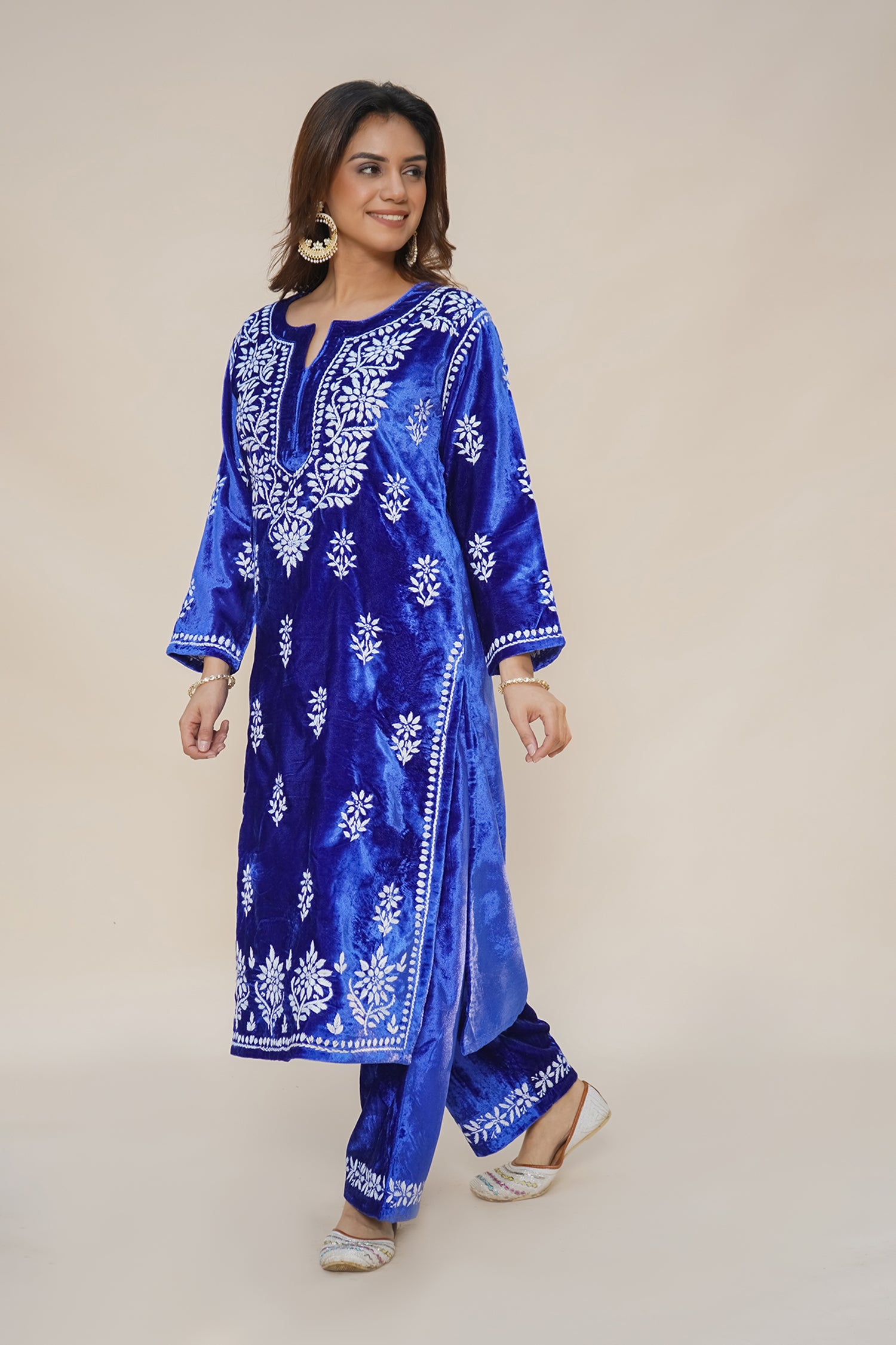 Velvet Chikankari Kurta Set in Royal Blue