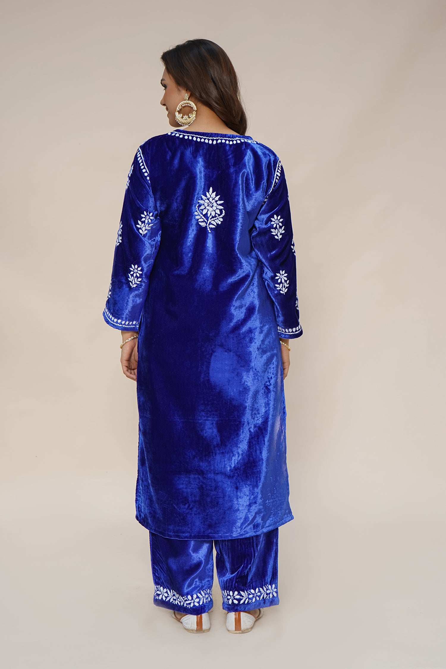 Velvet Chikankari Kurta Set in Royal Blue