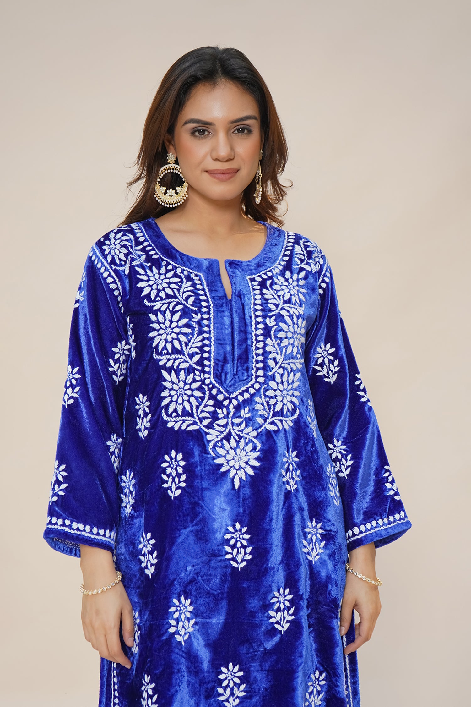 Velvet Chikankari Kurta Set in Royal Blue