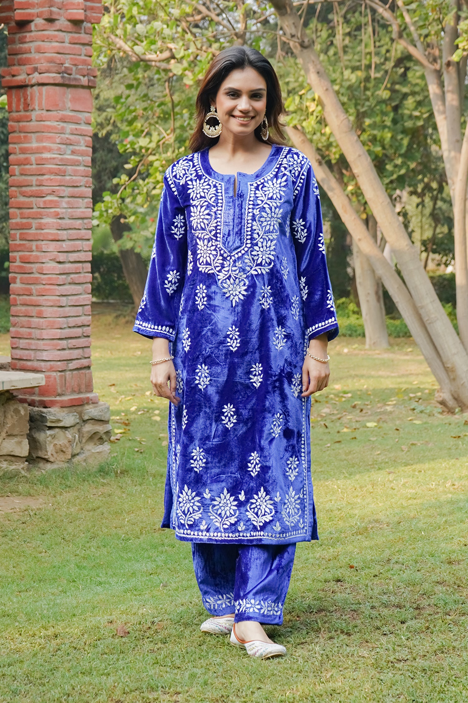 Velvet Chikankari Kurta Set in Royal Blue