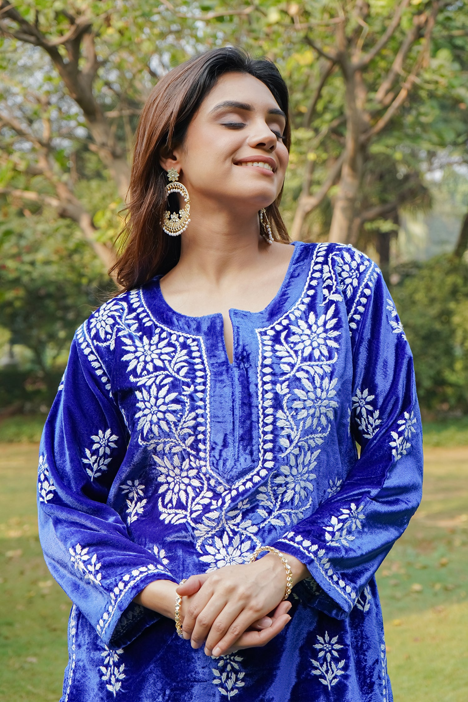 Velvet Chikankari Kurta Set in Royal Blue