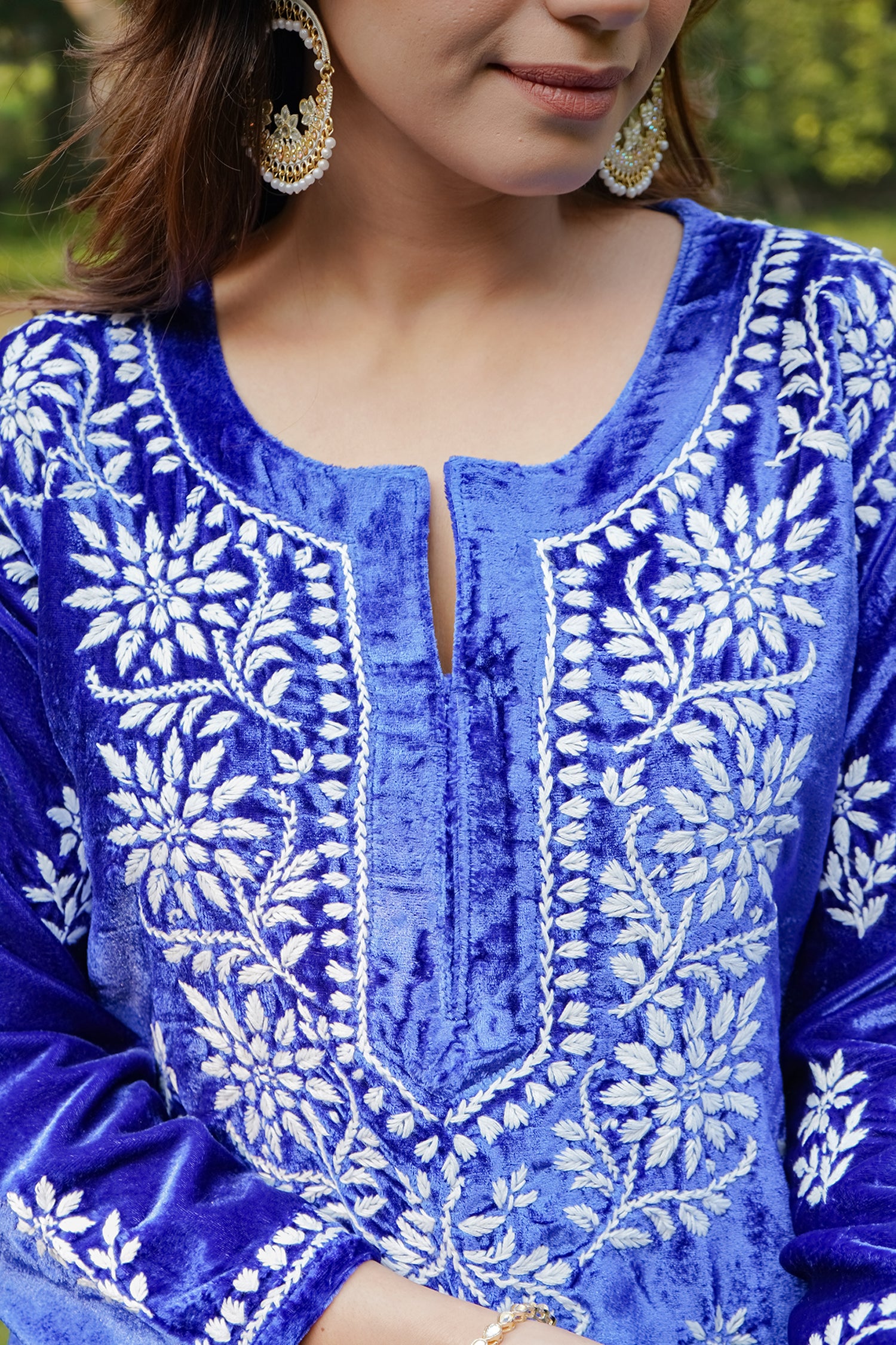 Velvet Chikankari Kurta Set in Royal Blue