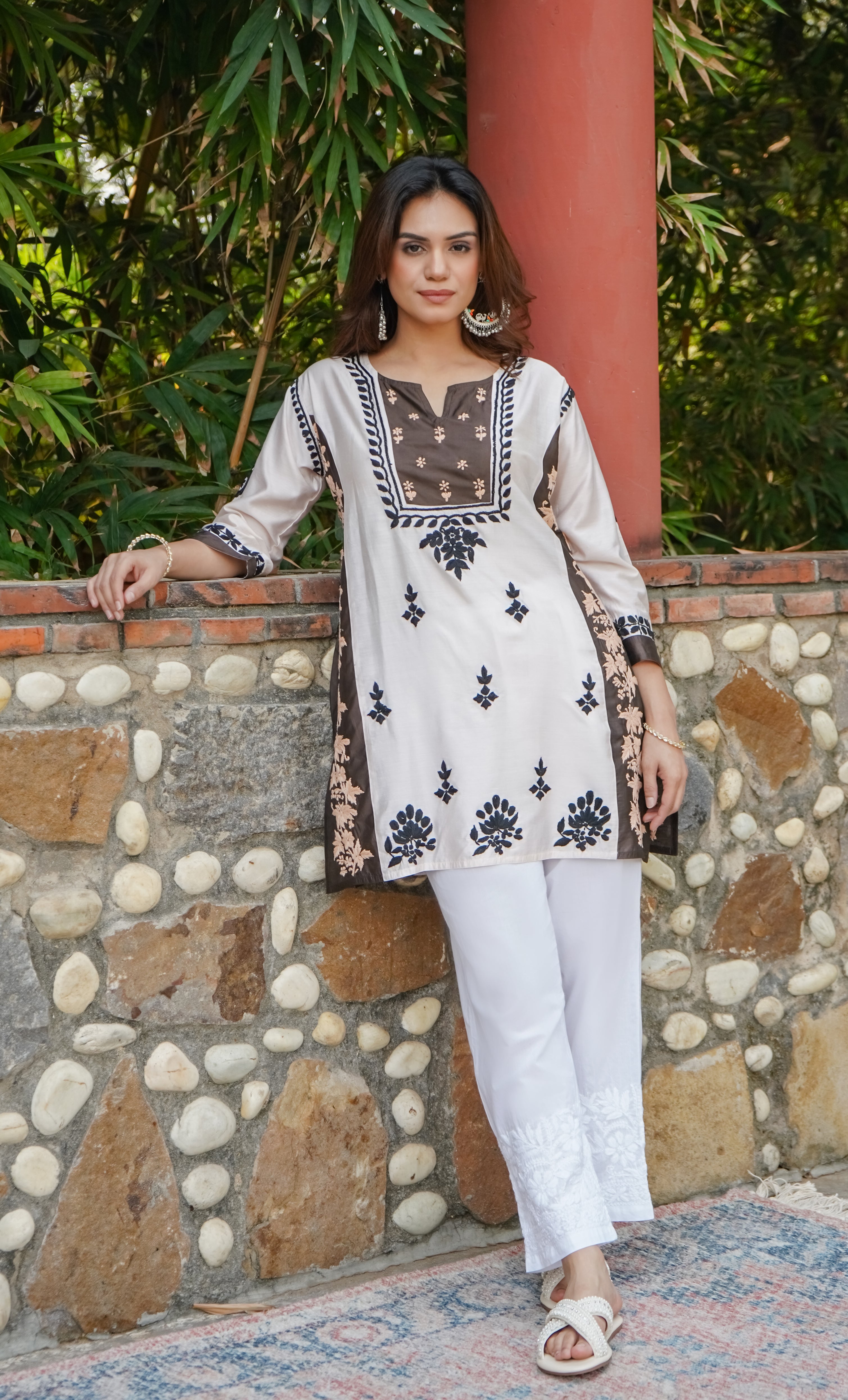 Saba Chikankari Short kurta in Chanderi Silk - White Dark Brown