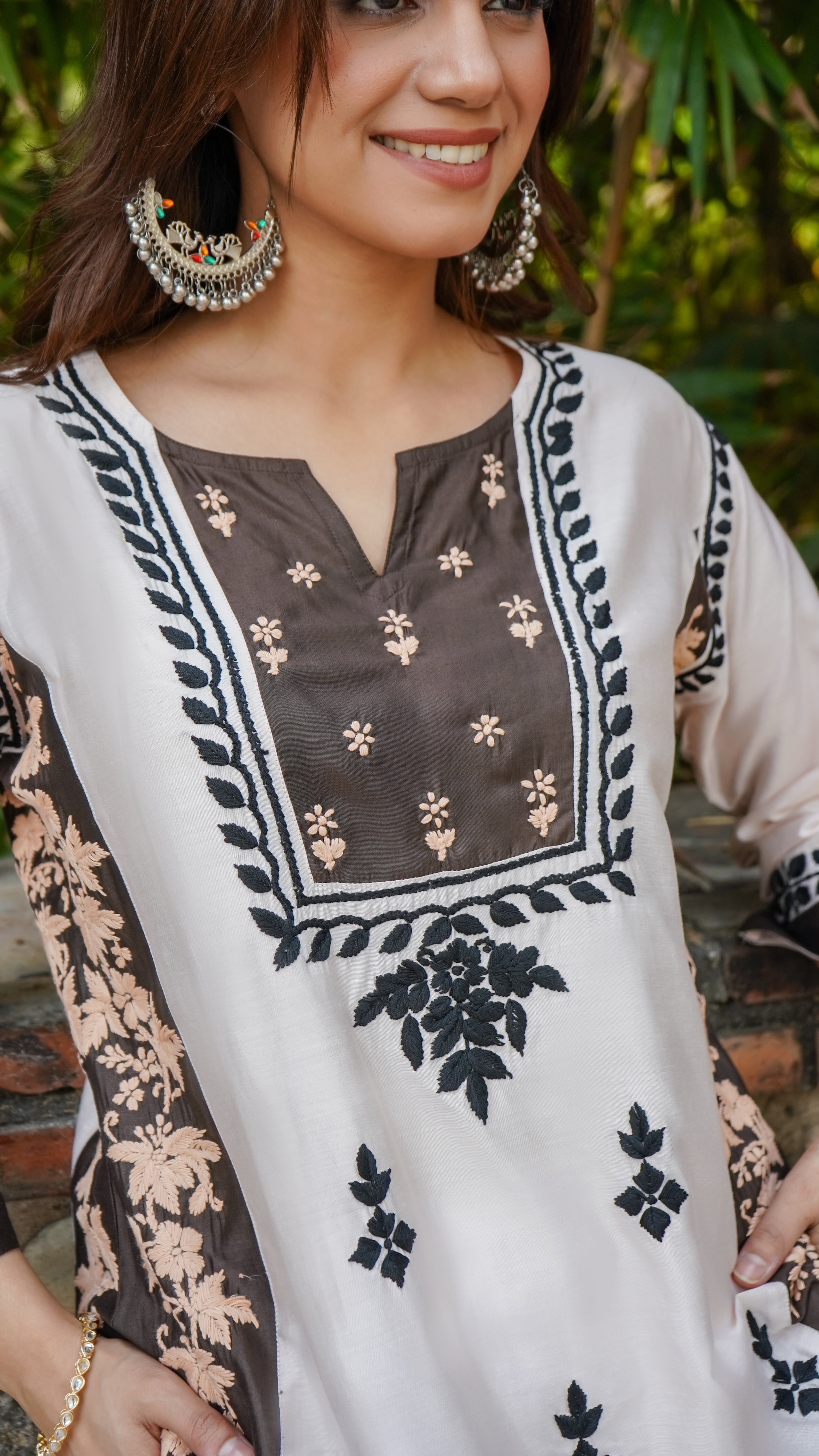 Saba Chikankari Short kurta in Chanderi Silk - White Dark Brown