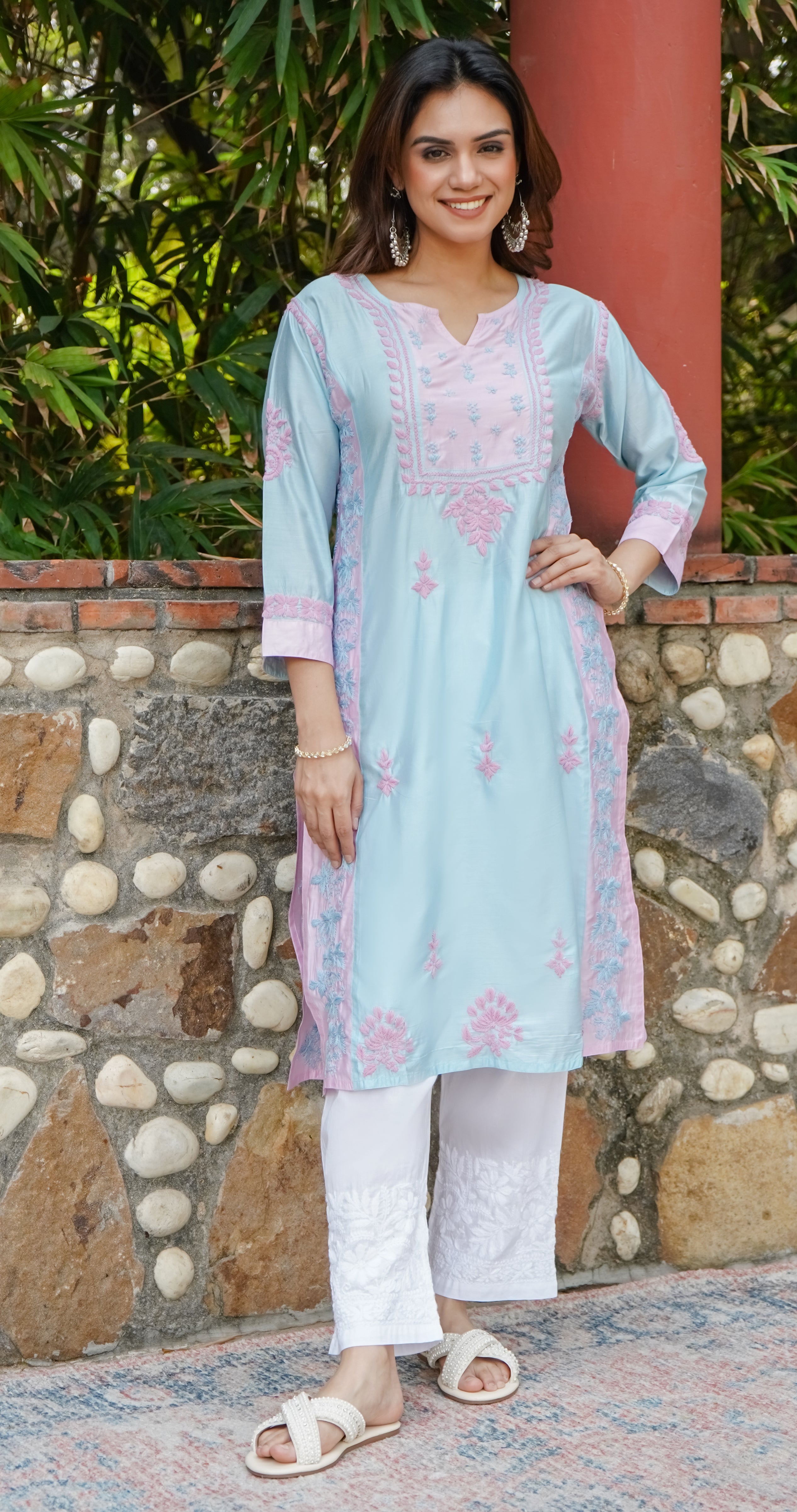 Saba Chikankari kurta in Chanderi Silk - Turquoise Blue With Pink