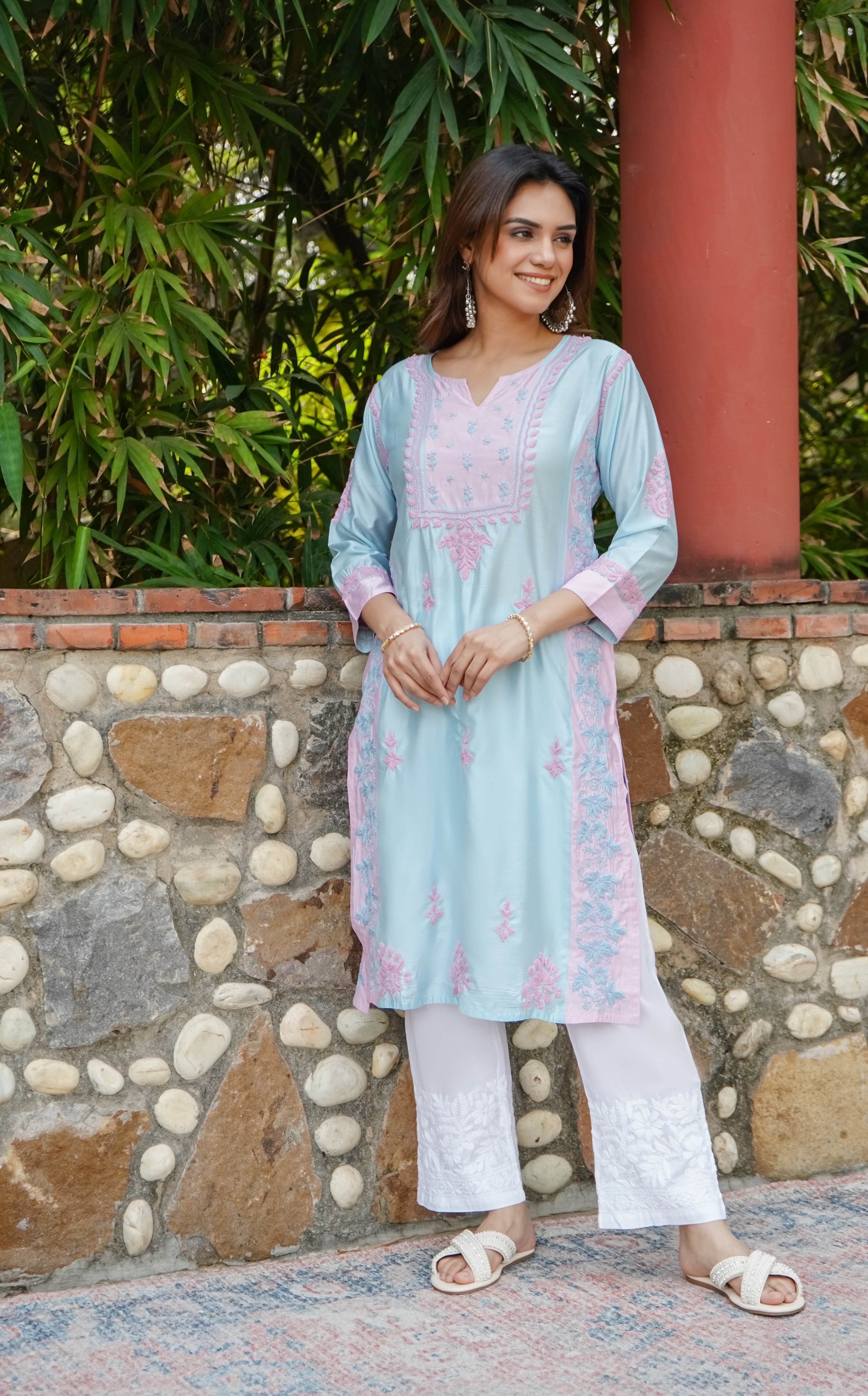 Saba Chikankari kurta in Chanderi Silk - Turquoise Blue With Pink