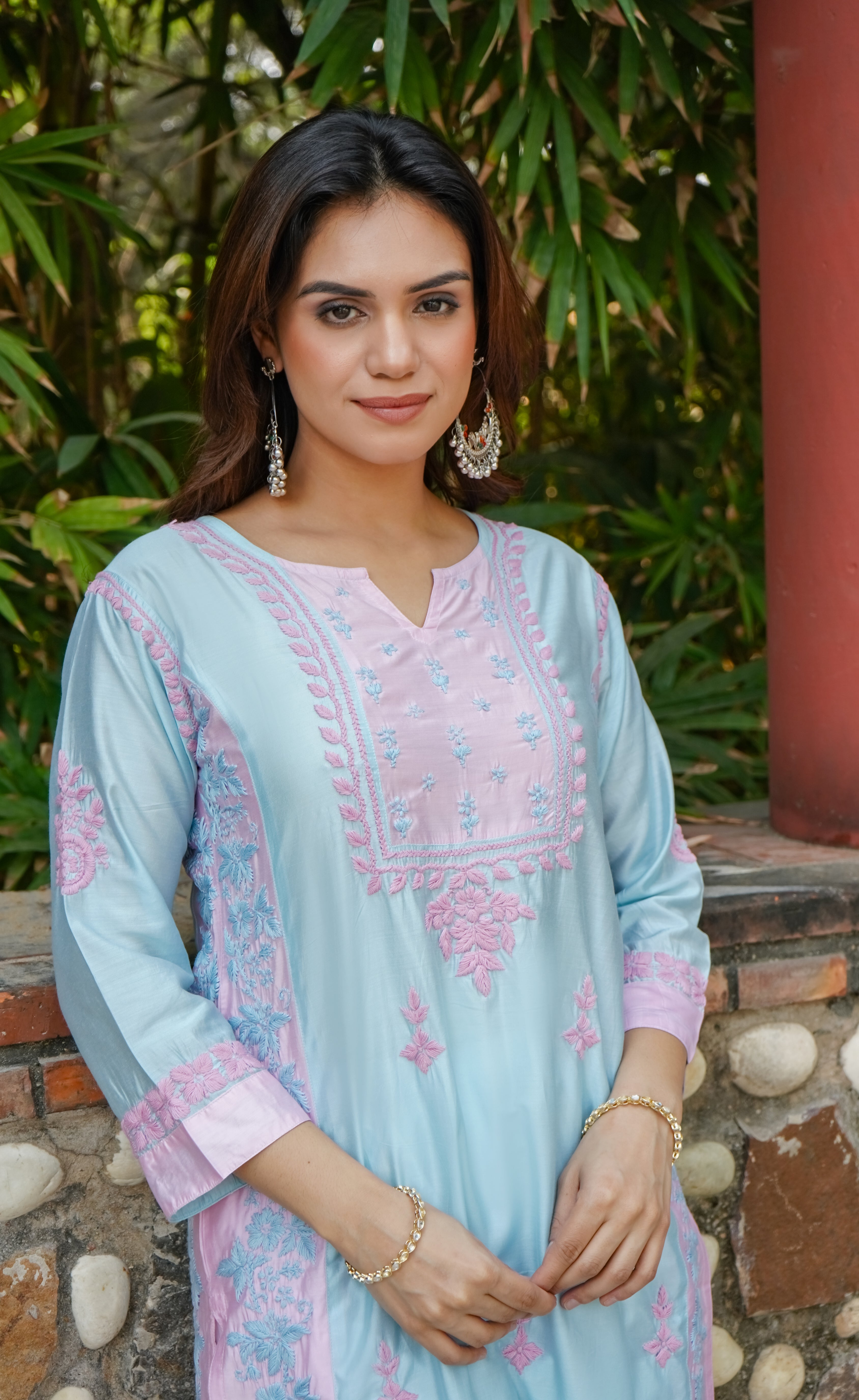 Saba Chikankari kurta in Chanderi Silk - Turquoise Blue With Pink