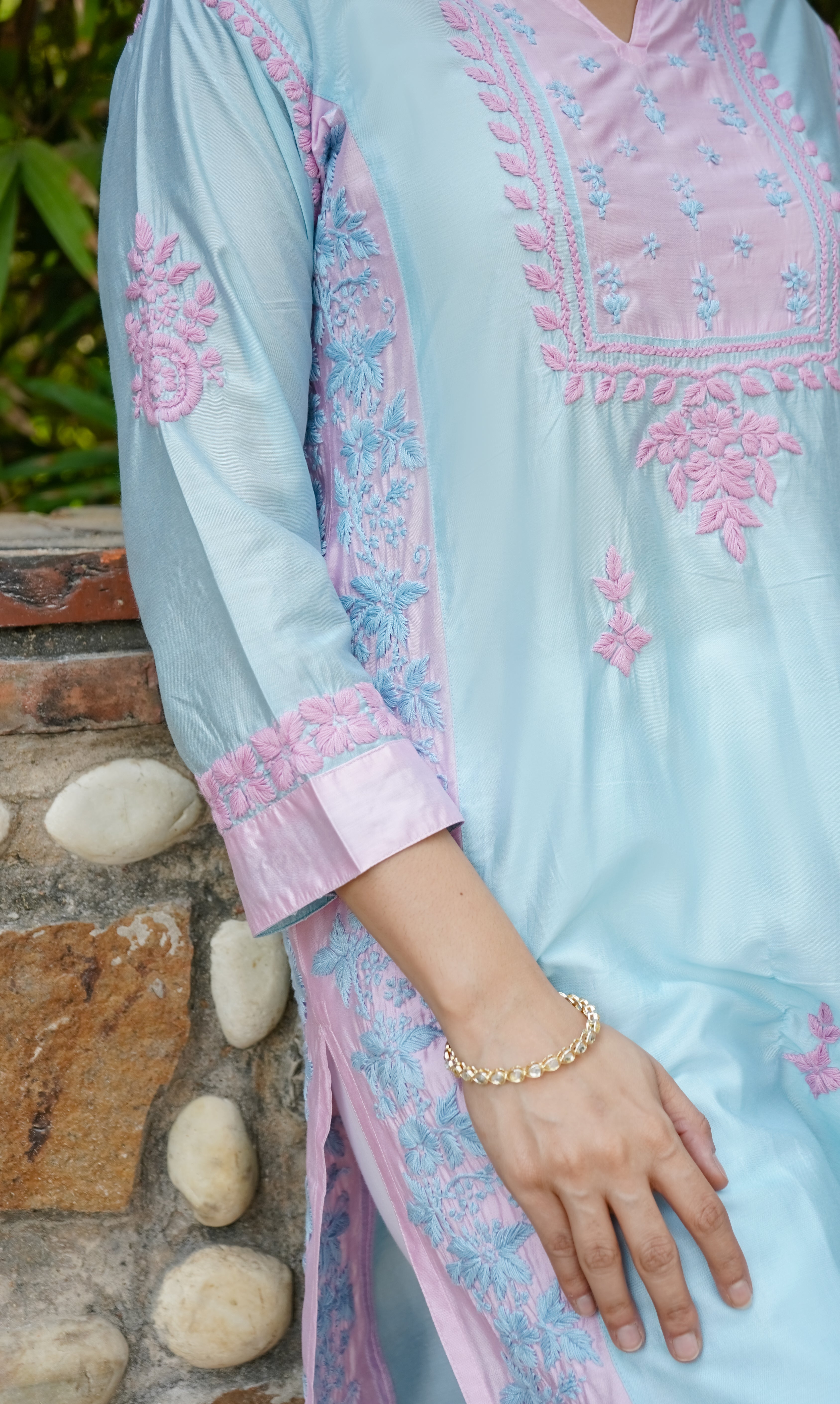 Saba Chikankari kurta in Chanderi Silk - Turquoise Blue With Pink