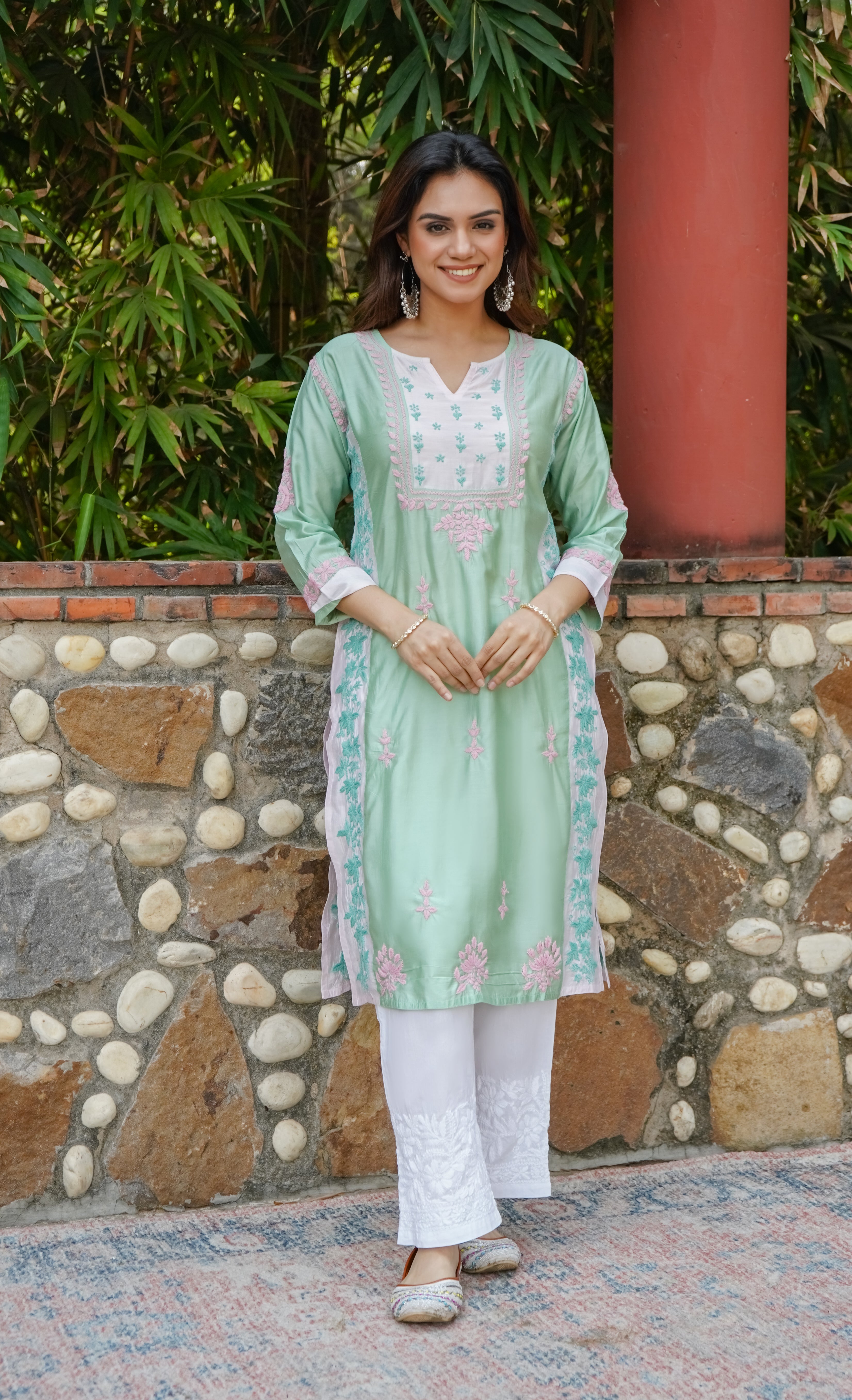 Saba Chikankari kurta in Chanderi Silk - Sea Green With Pink