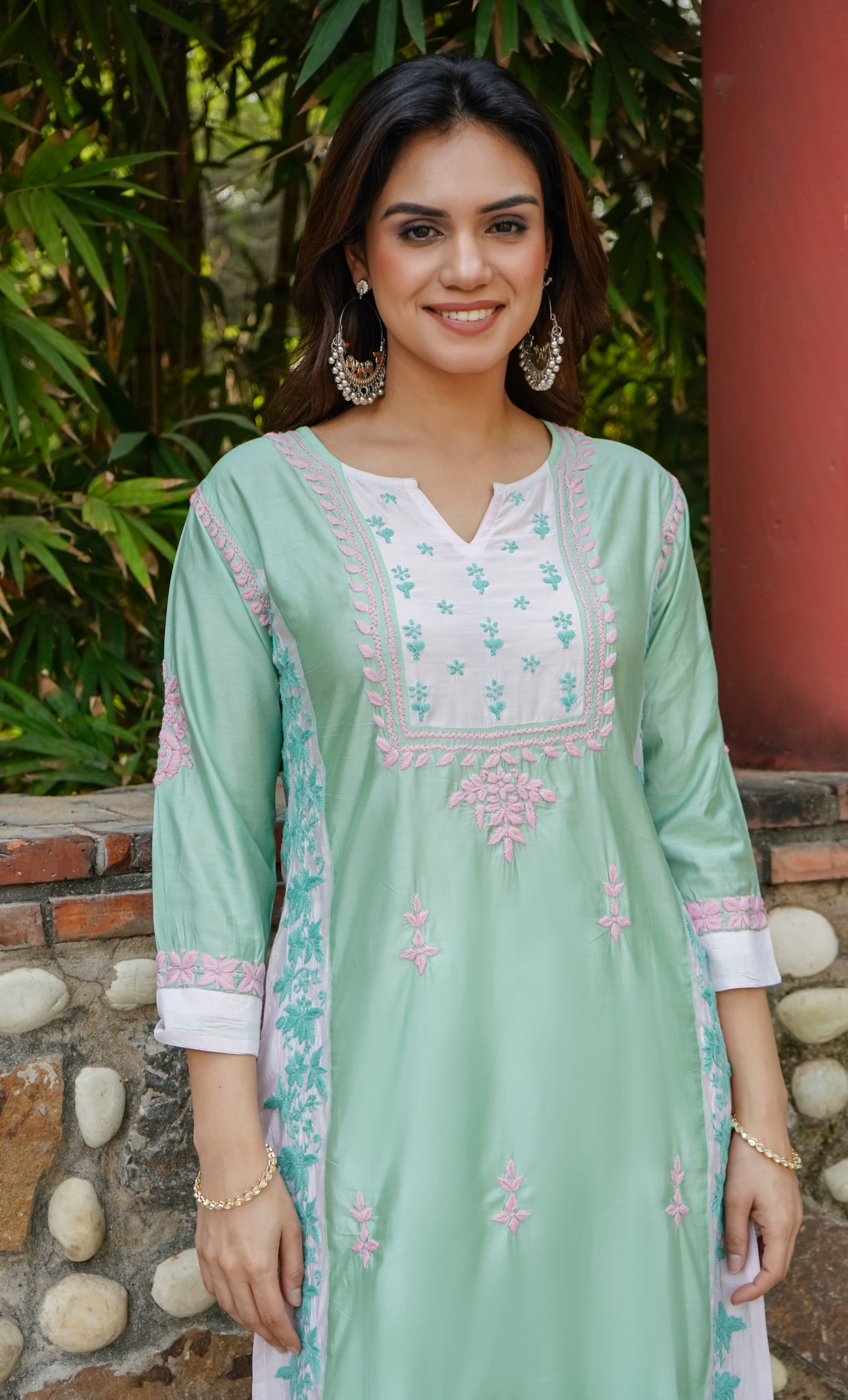 Saba Chikankari kurta in Chanderi Silk - Sea Green With Pink