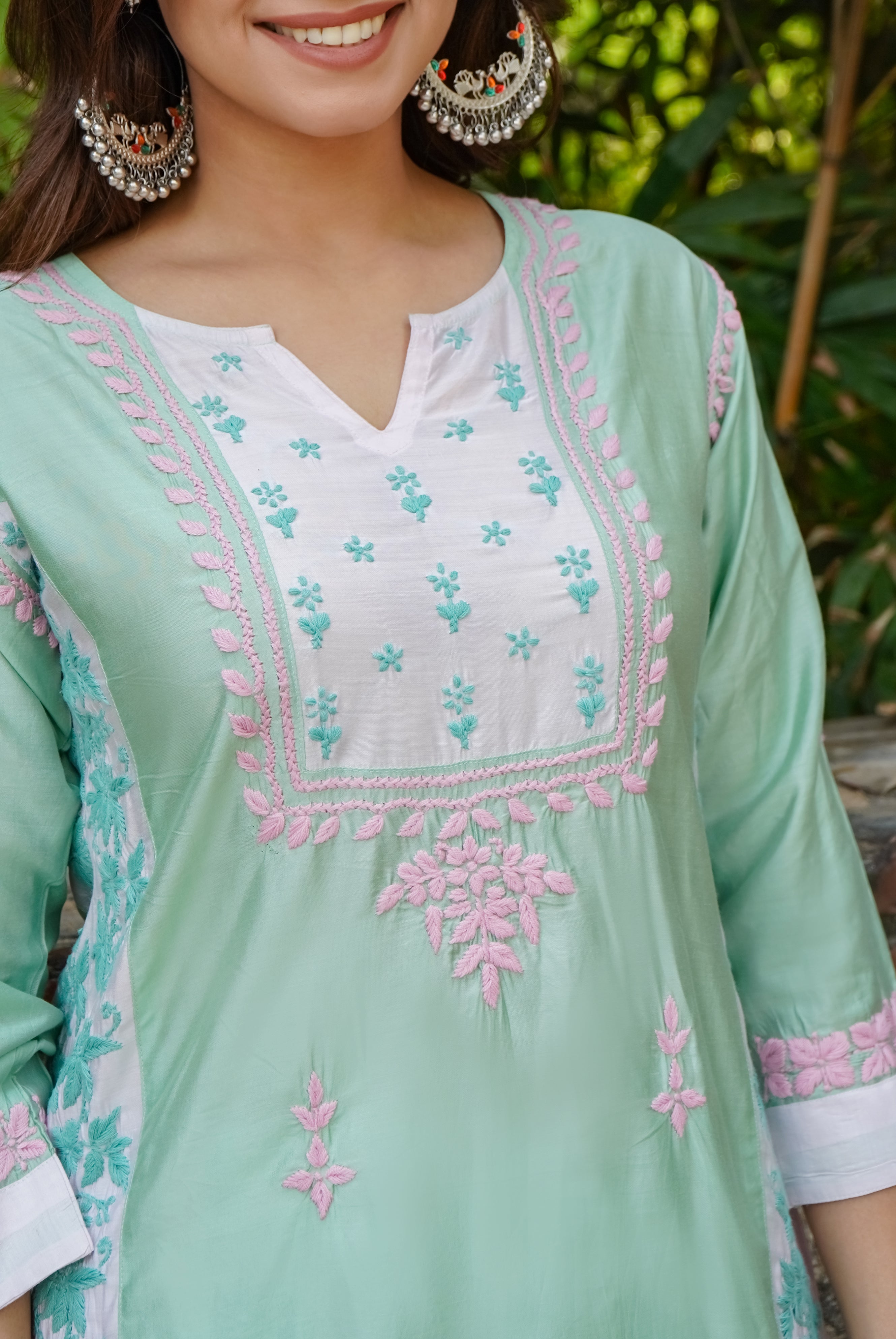 Saba Chikankari kurta in Chanderi Silk - Sea Green With Pink